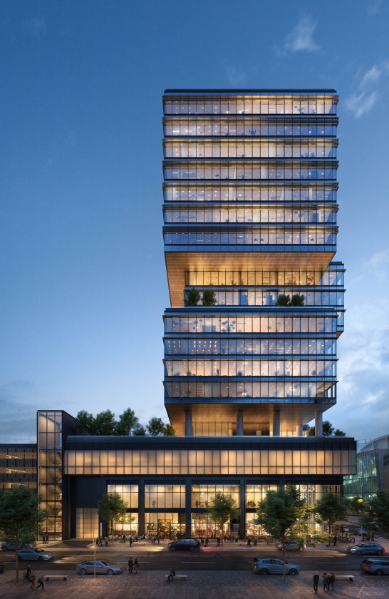 Architectural visualization of 400 Channelside​​​​​​​ for Gensler, exterior of office building in dusk