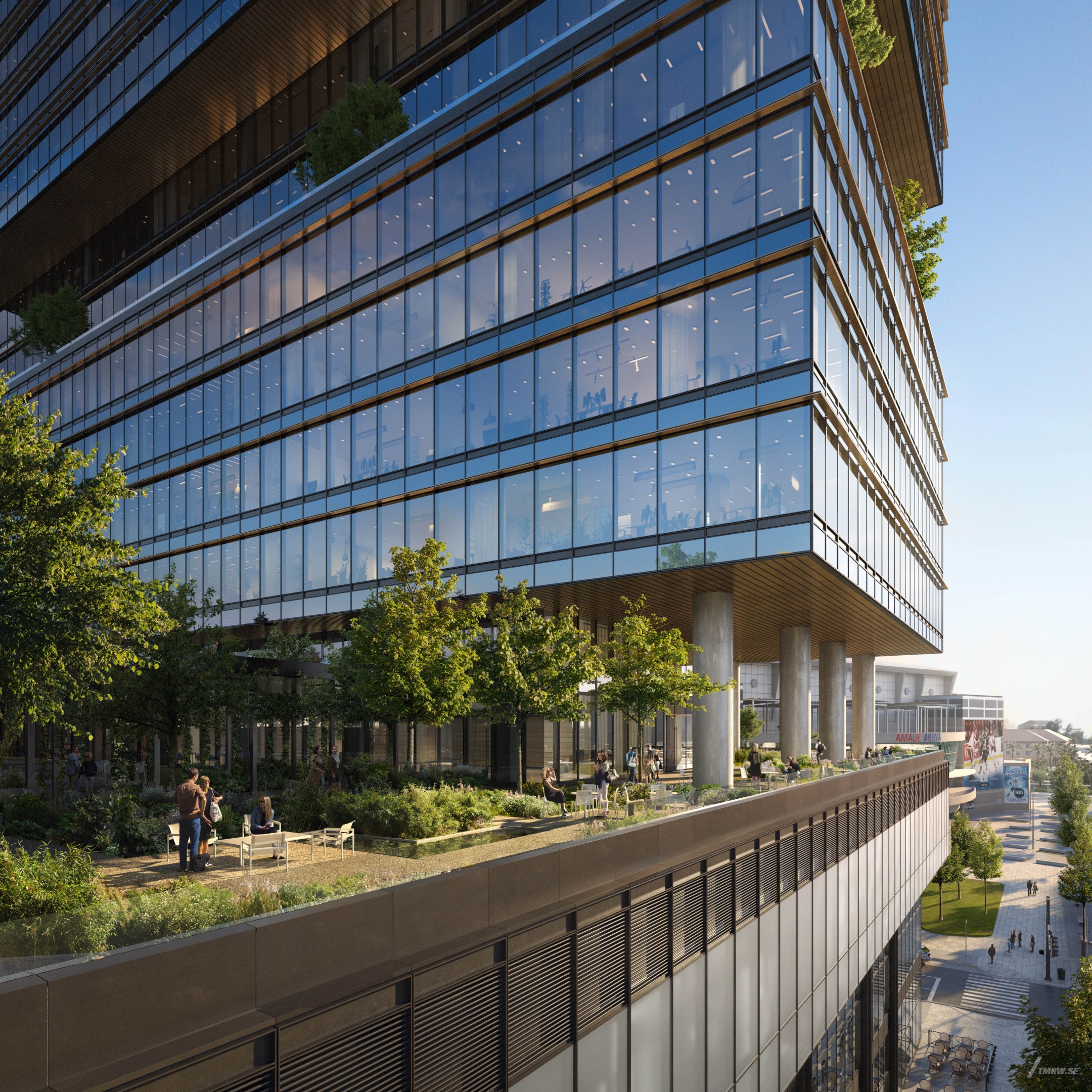 Architectural visualization of 400 Channelside​​​​​​​ for Gensler, exterior of office building in day light, view of terrass