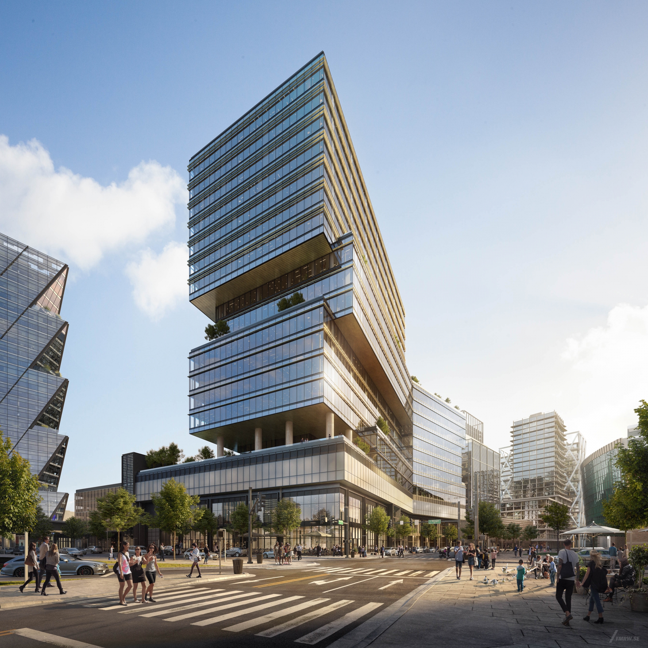 Architectural visualization of 400 Channelside​​​​​​​ for Gensler, exterior of office building in day light, street view