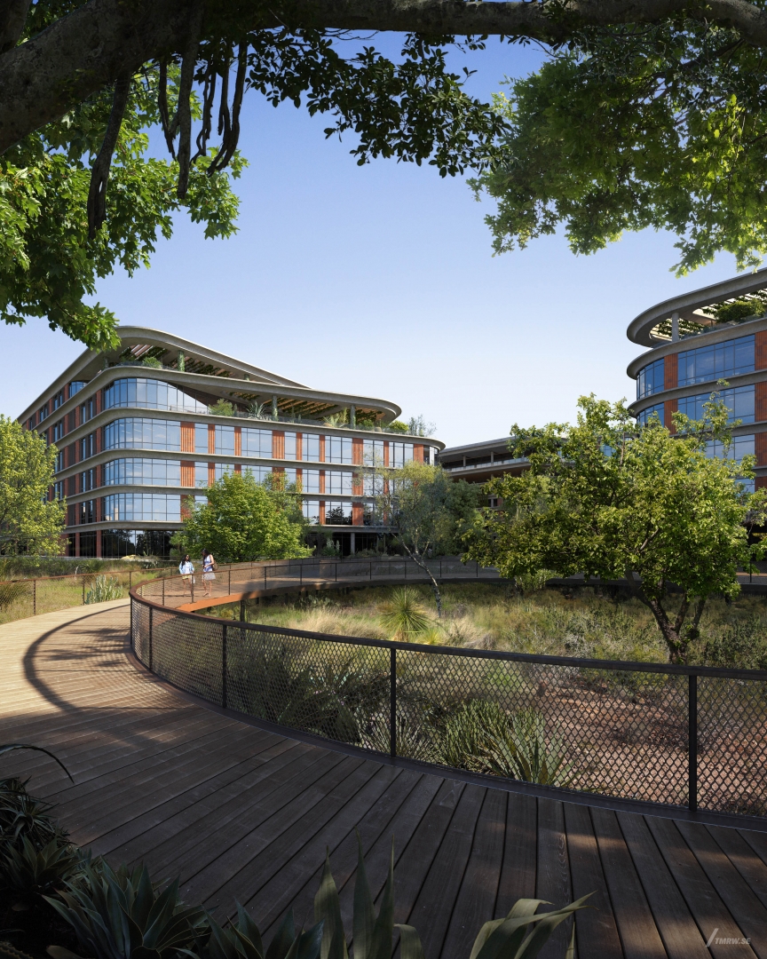 Architectural visualization of Springdale Green for Gensler a campus building with a green are day light form a street view.