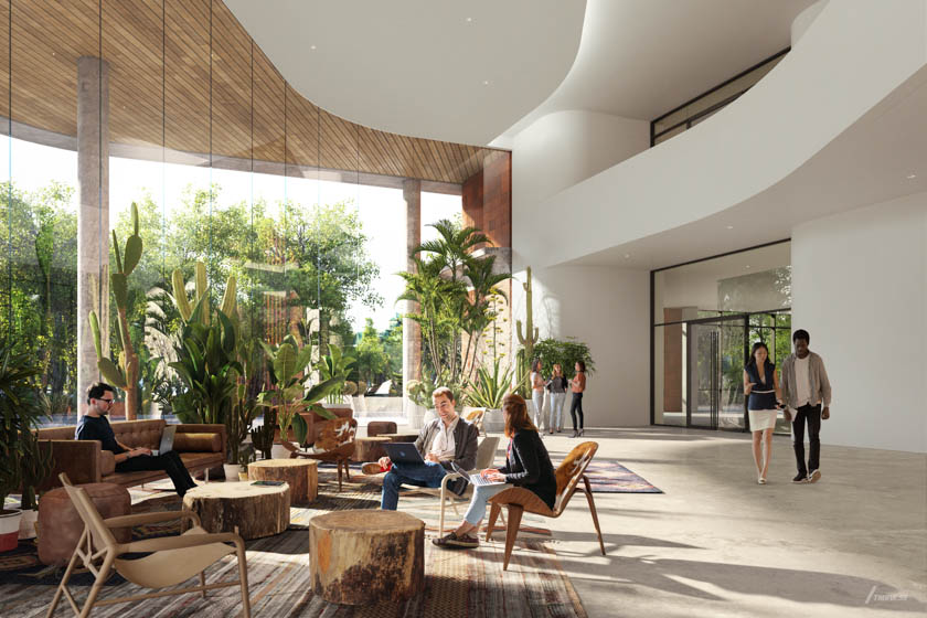 Architectural visualization of Springdale Green for Gensler, an office campus in day light from an interior view.
