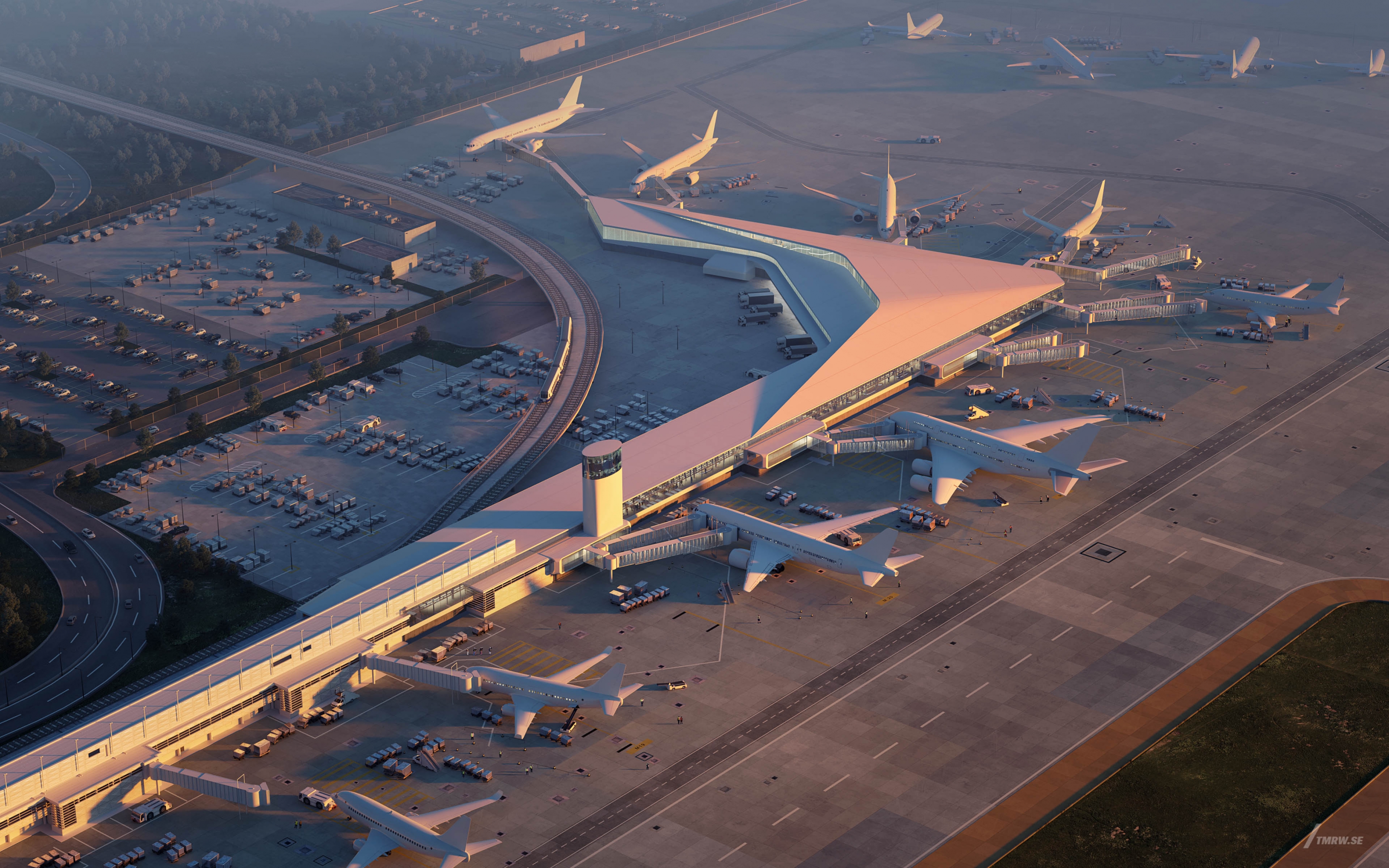 Architectural visualization of Chicago OHare for HOK a airport in day light form a aerial view.