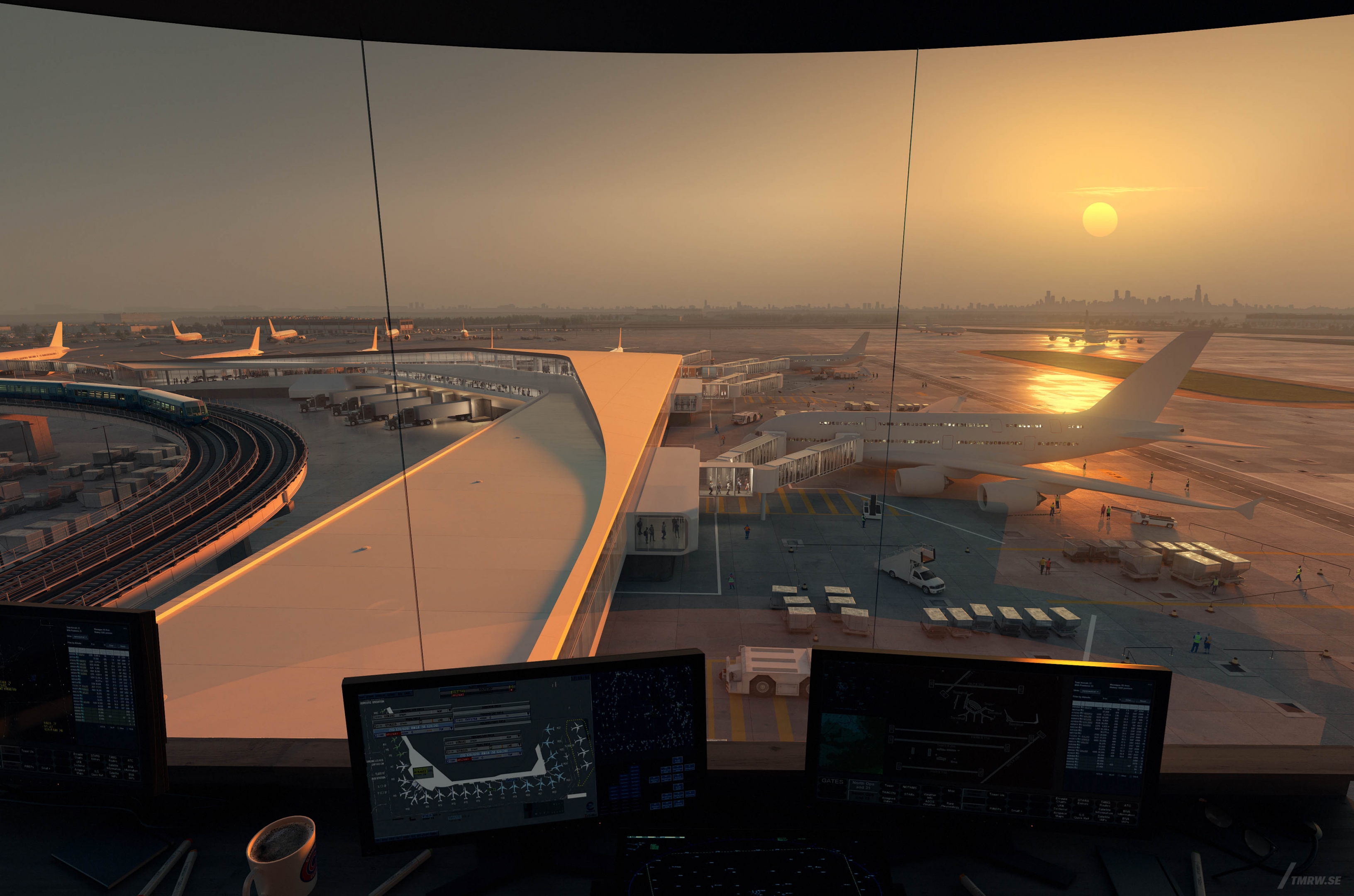 Architectural visualization of Chicago OHare for HOK a airport in goldenhour light form a window view.