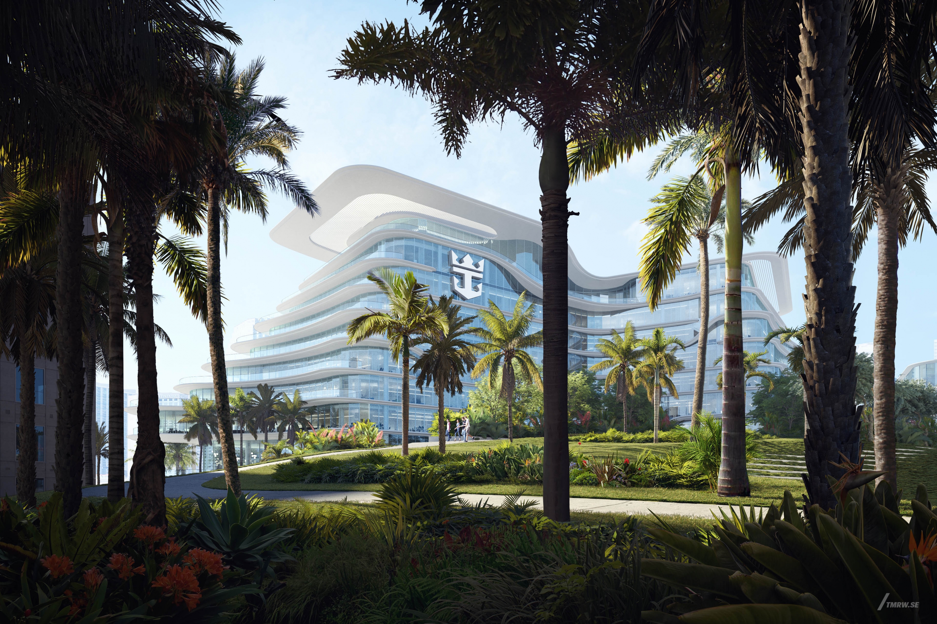 Architectural visualization of Royal Caribbean for HOK, corporate headquarter with palm trees in the foreground