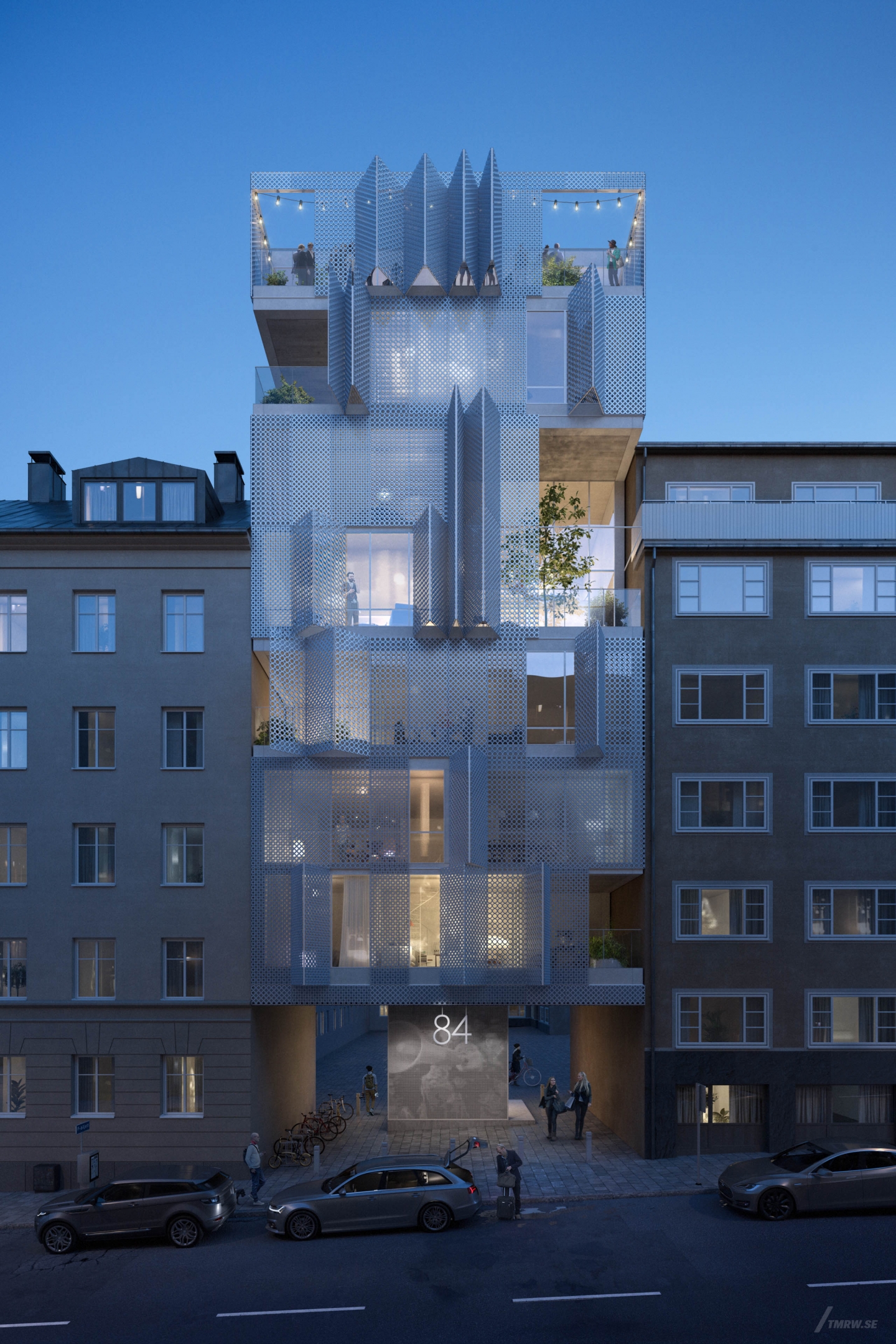 Architectural visualization of Bondegatan for Identity, modern residential building in dusk