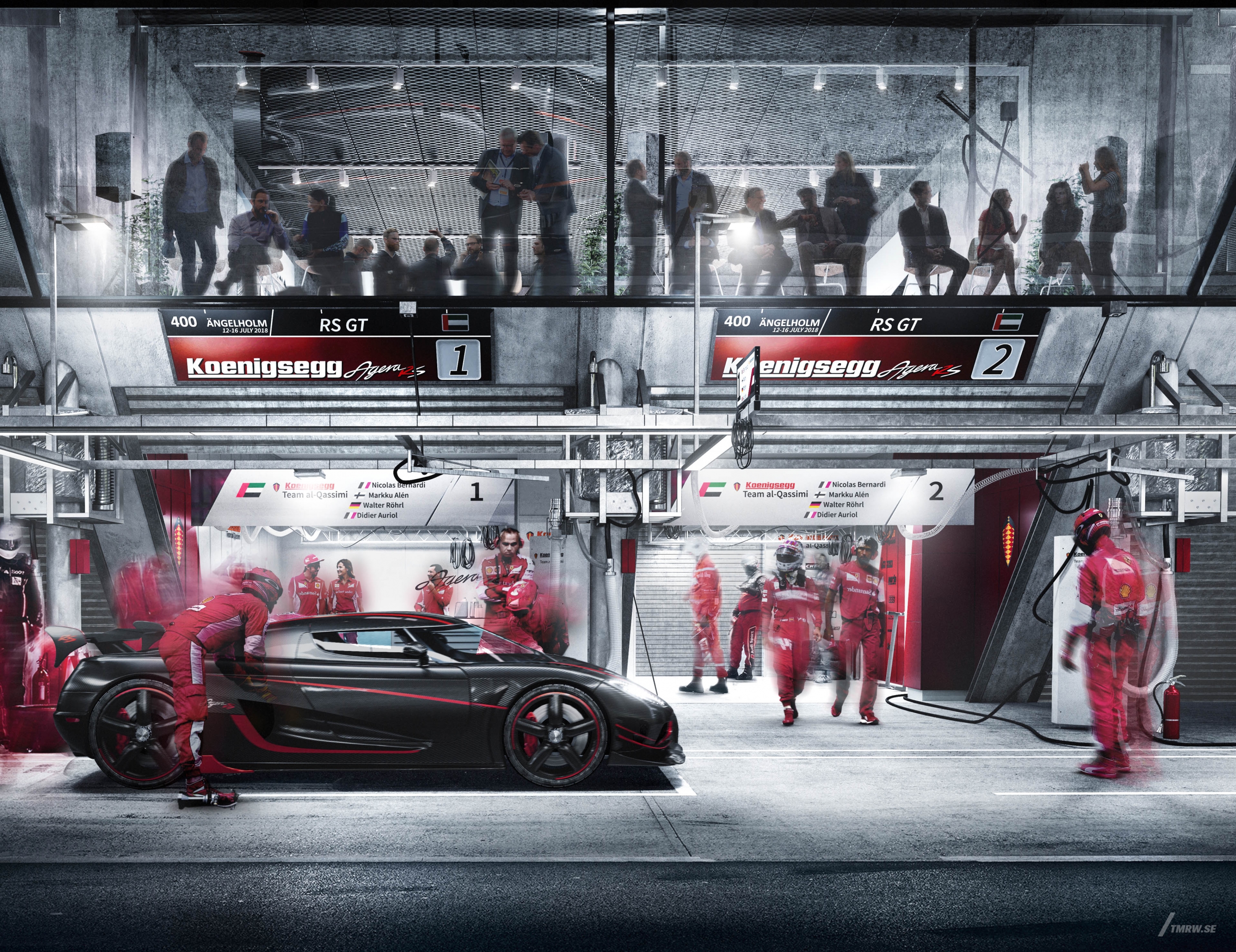 Architectural visualization of Koenigsegg for Identity, racing car pitstop