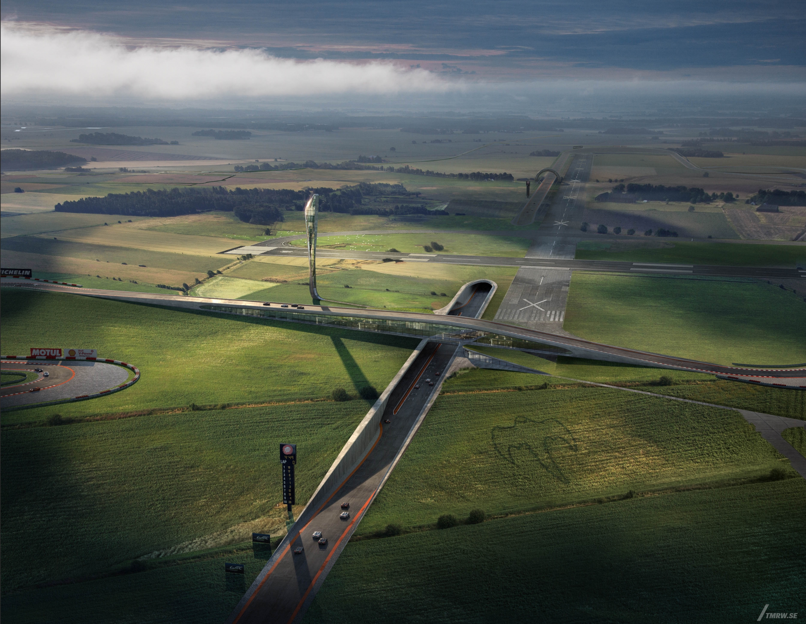 Architectural visualization of Koenigsegg for Identity, aerial of racing track, view over fields