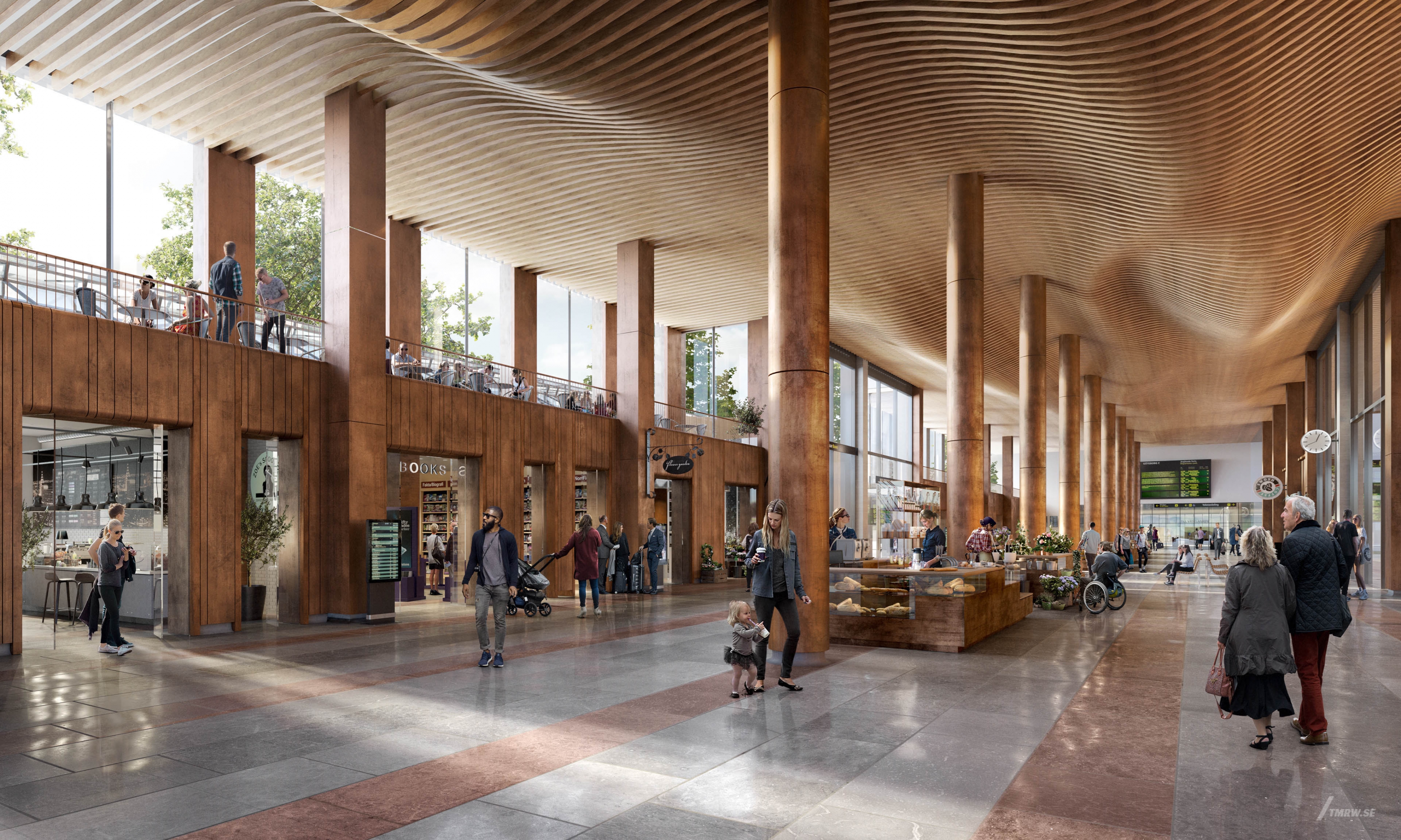 Architectural visualization of Region City for Jernhusen, interior of central station, people are shopping
