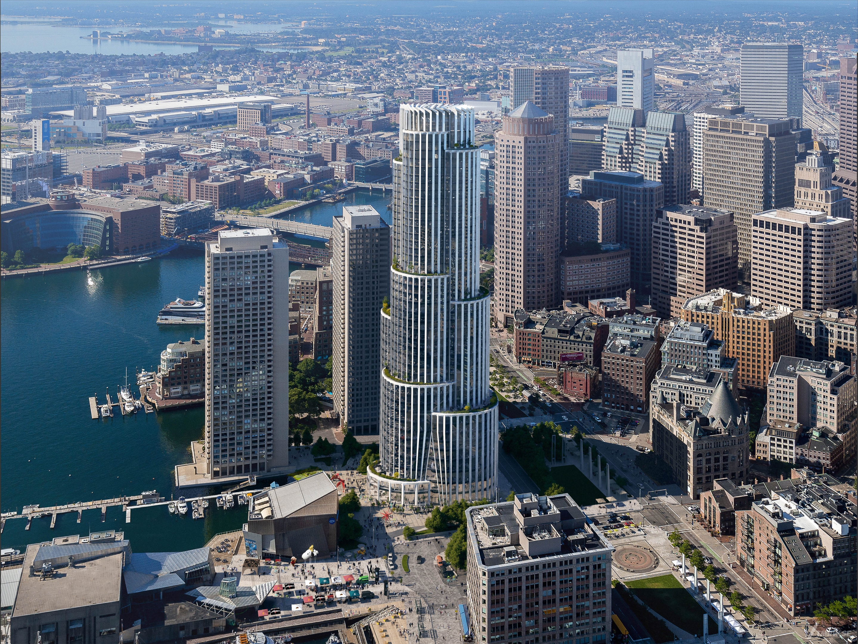 Architectural visualization of Boston Harbor for KPF, arial view of a skyscraper in day light, overview of city