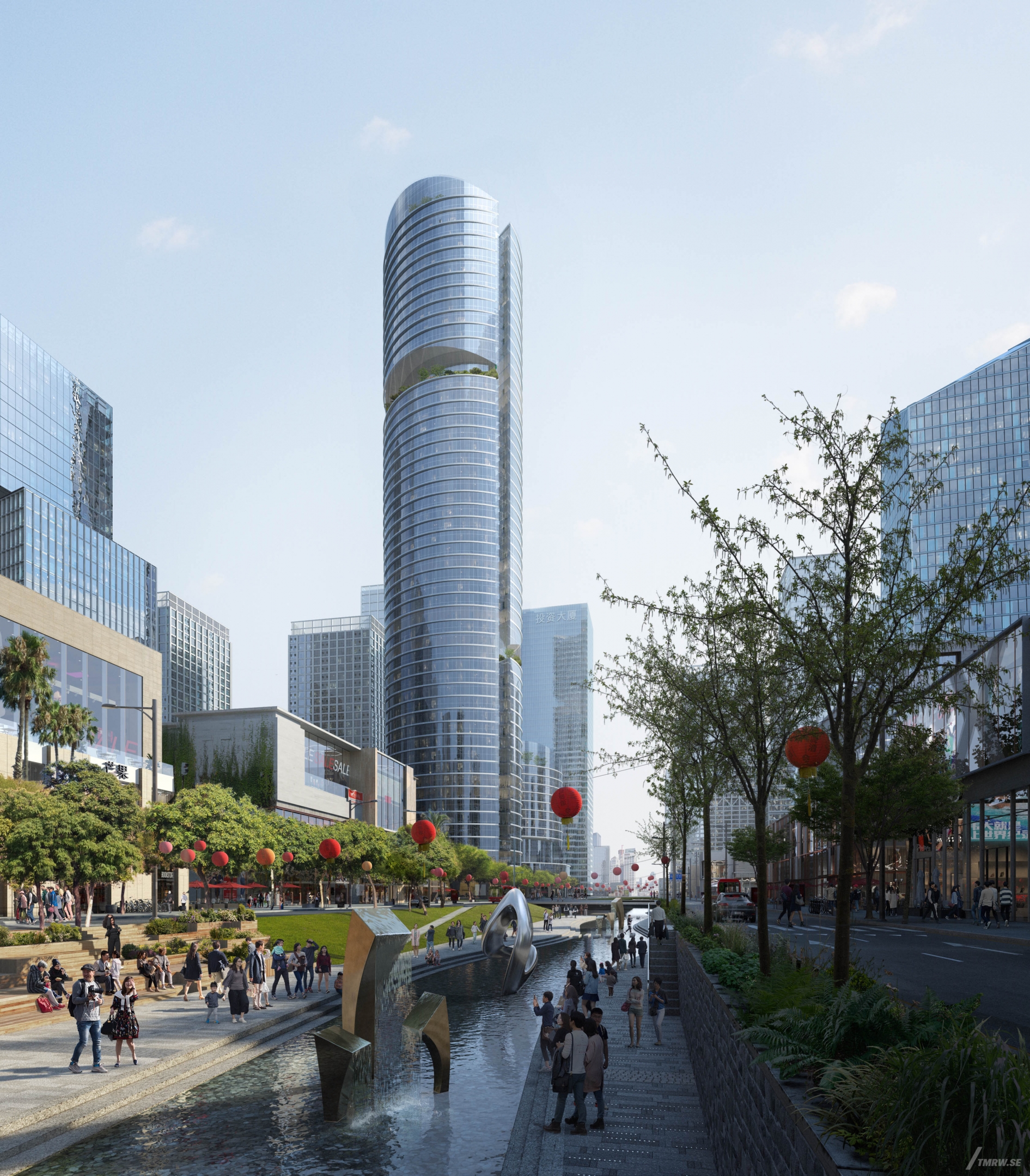 Architectural visualization of Shenzen for KPF, exterior of glass skyscrapers, people socializing in the streets