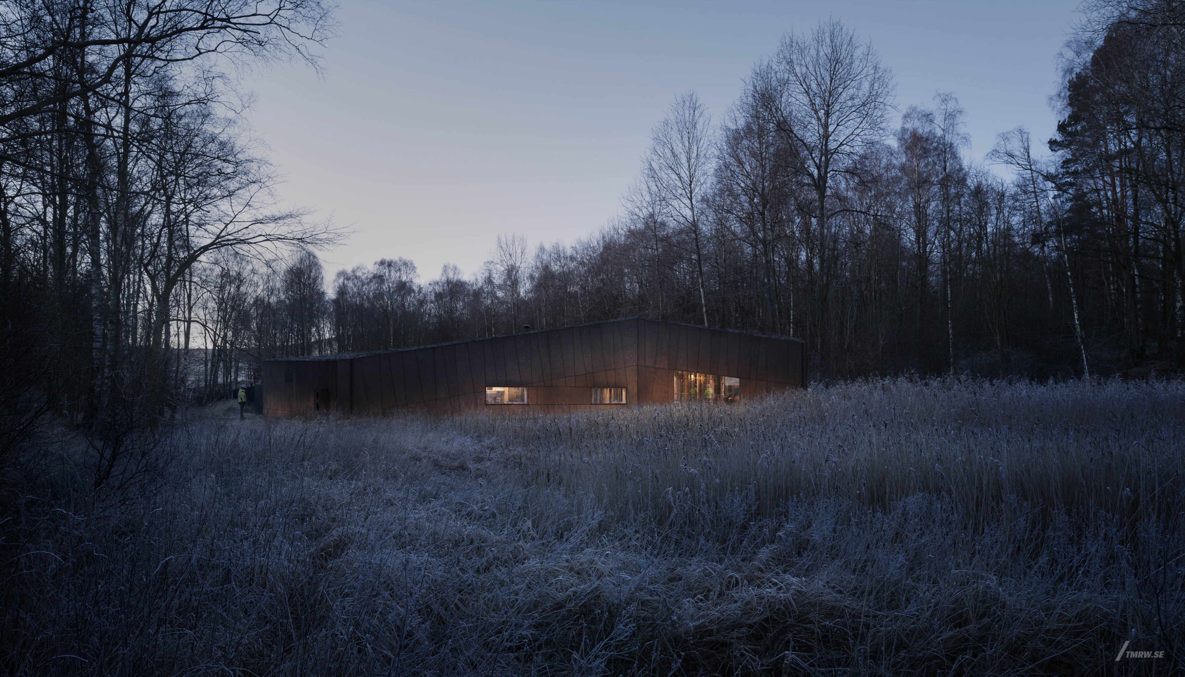 Architectural visualization of Brudarmossen for Kub, exterior of a building at night, winter landscape