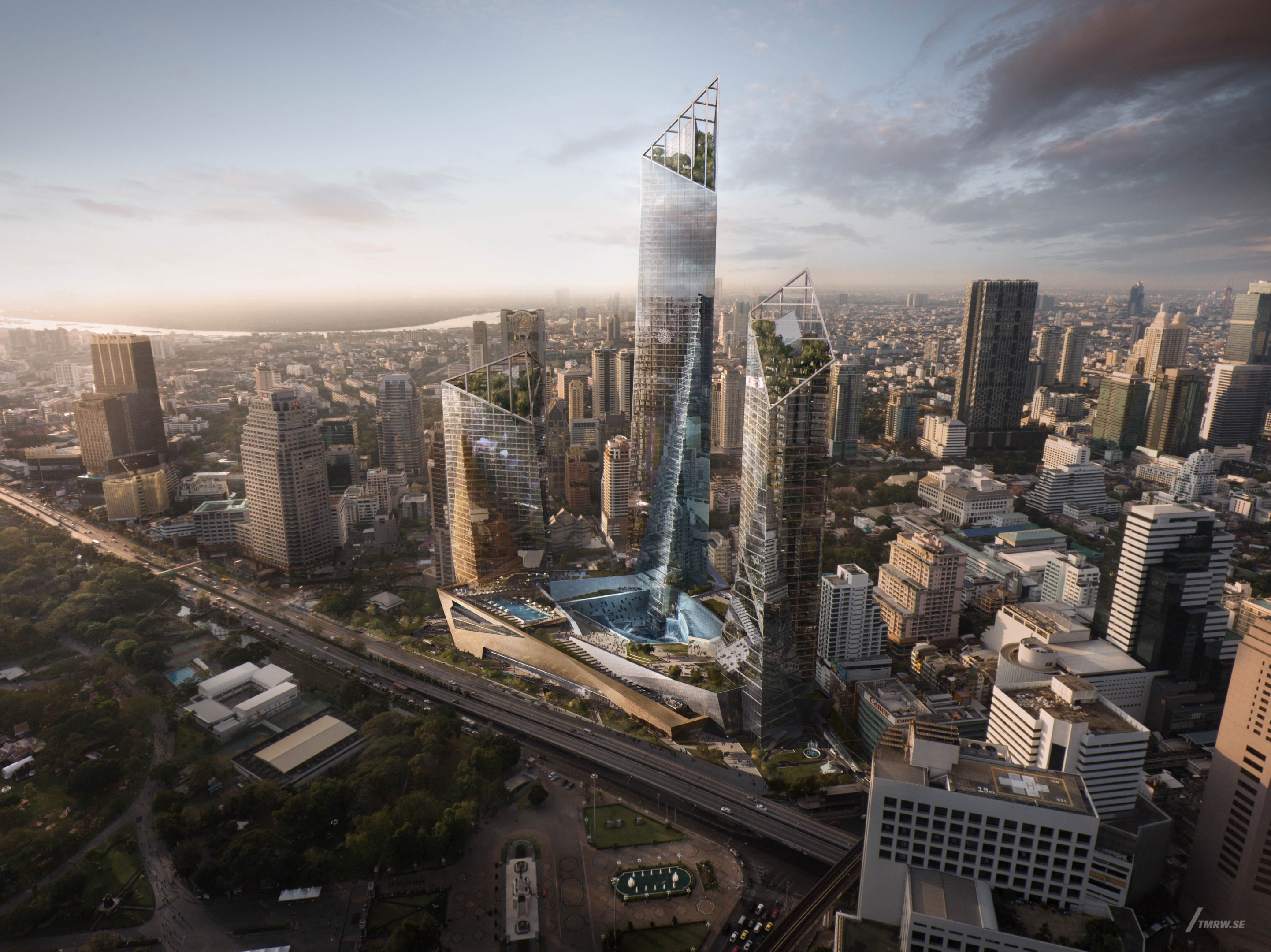 Architectural visualization of Dusit for Libeskind, arial view of a big glass skyscraper in golden hour, overview of city