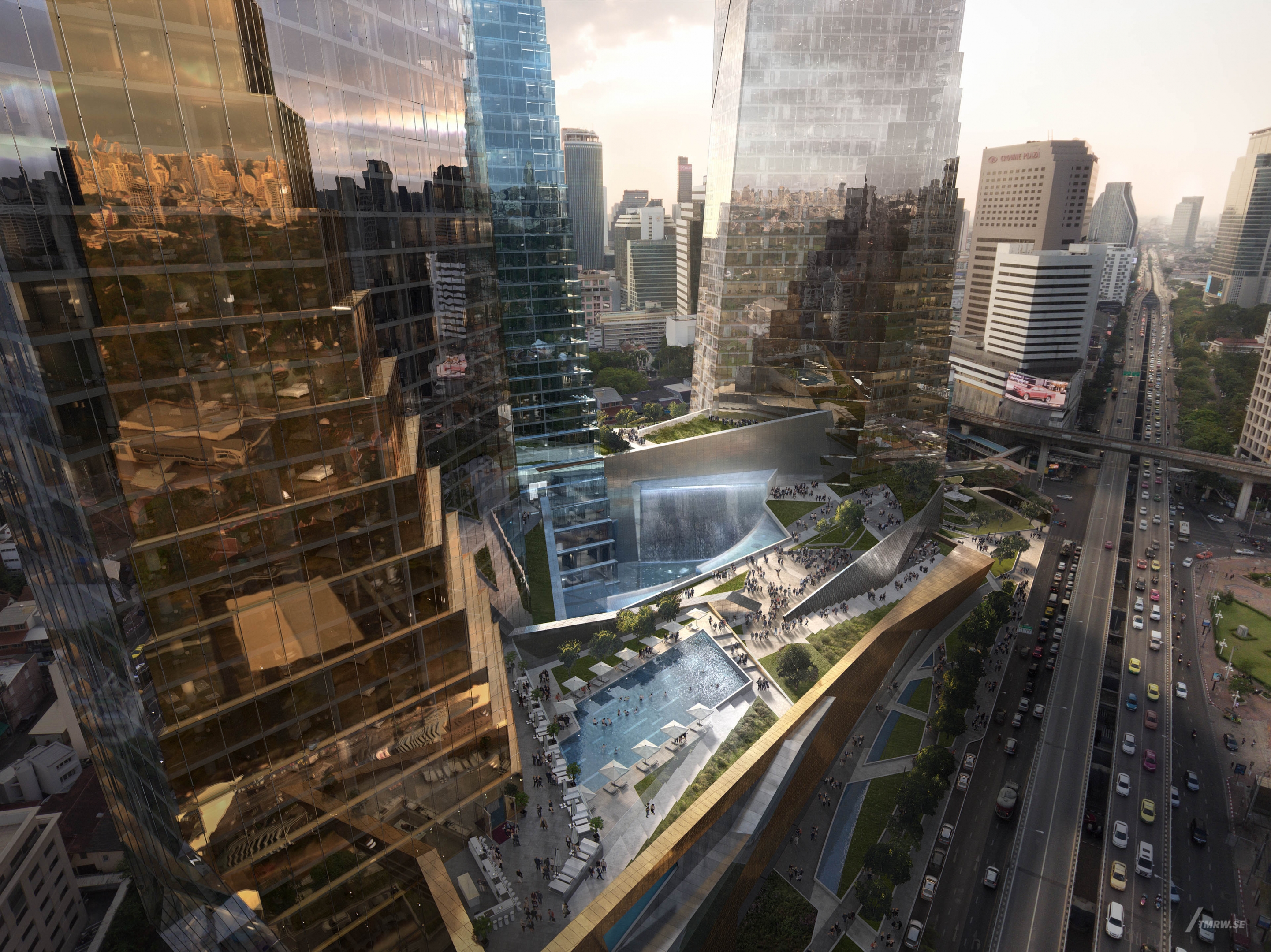 Architectural visualization of Dusit for Libeskind, arial view of a big glass skyscraper in golden hour