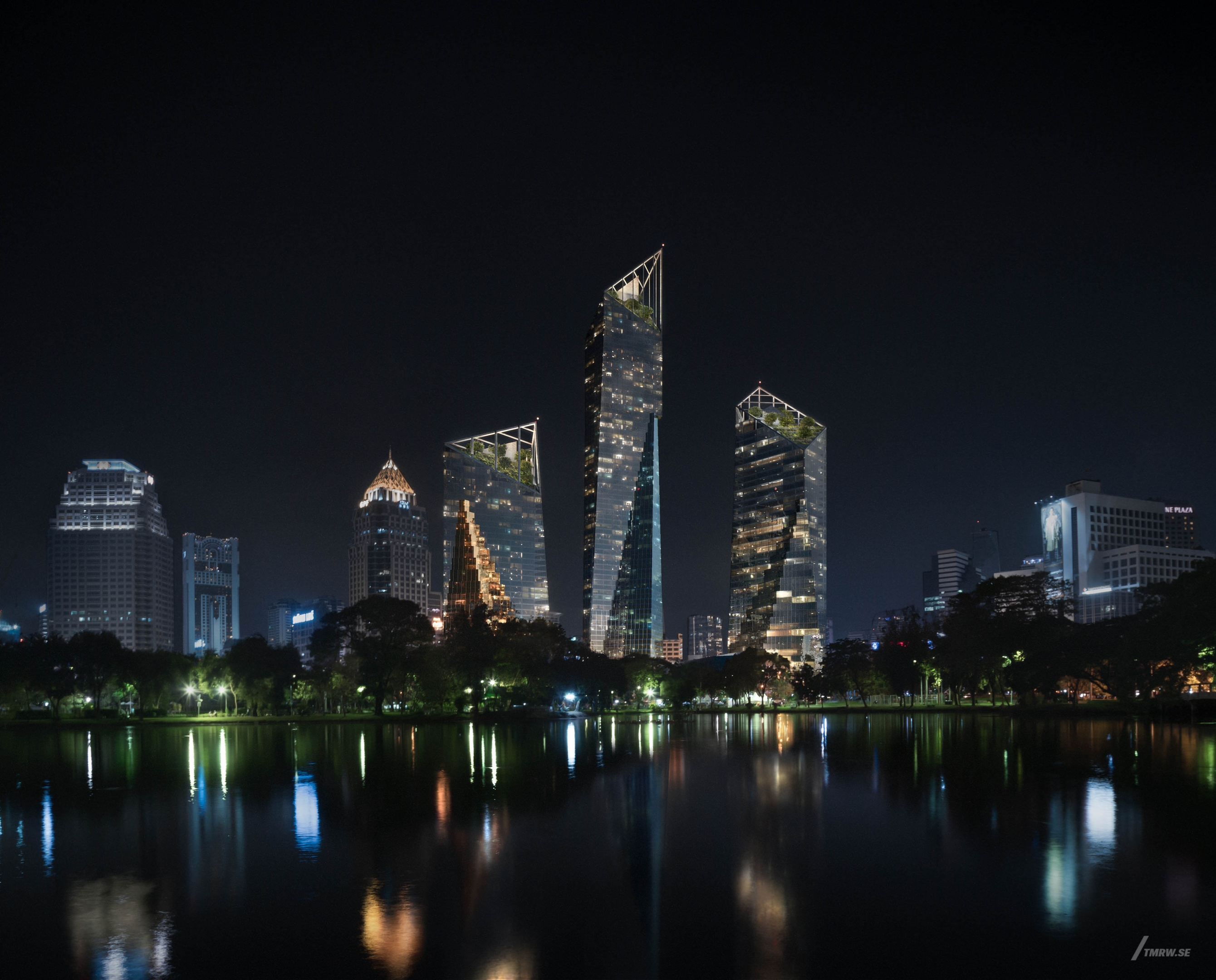 Architectural visualization of Dusit Thani Hotel for Libeskind, exterior of a hotel at night, water in foreground
