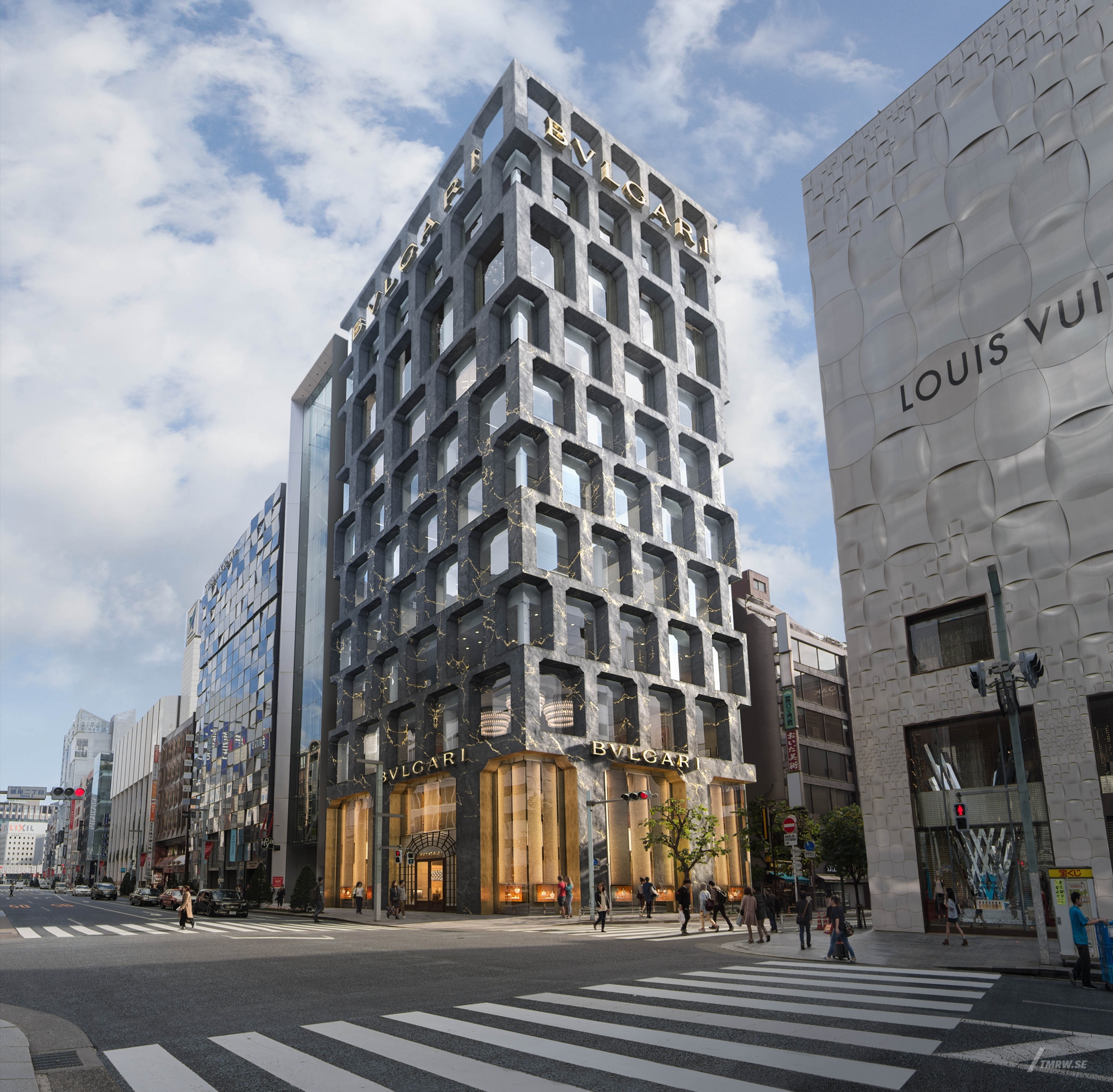 Architectural visualization for MVRDV a store building in day light form a street view.