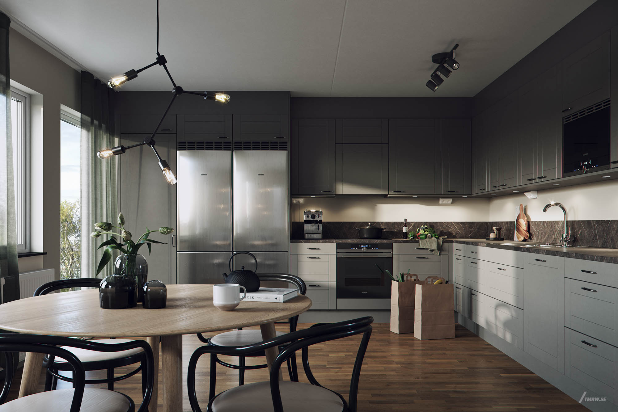 Architectural visualization of Årsta Kulle for Nordr, modern grey kitchen, daylight