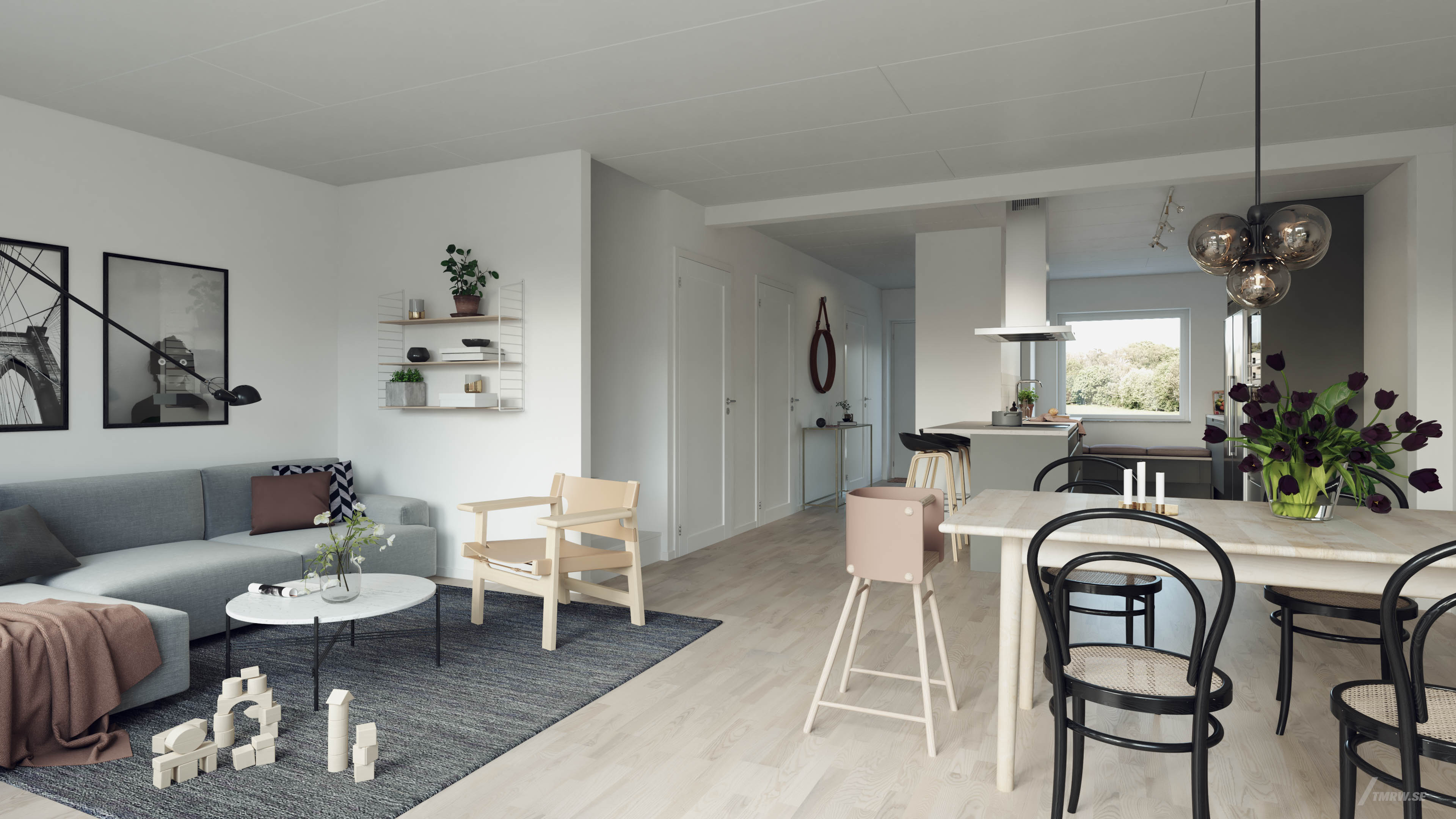 Architectural visualization of Hököpinge for Nordr an interior view showing a kitchen and livingroom from an interior view in day light.