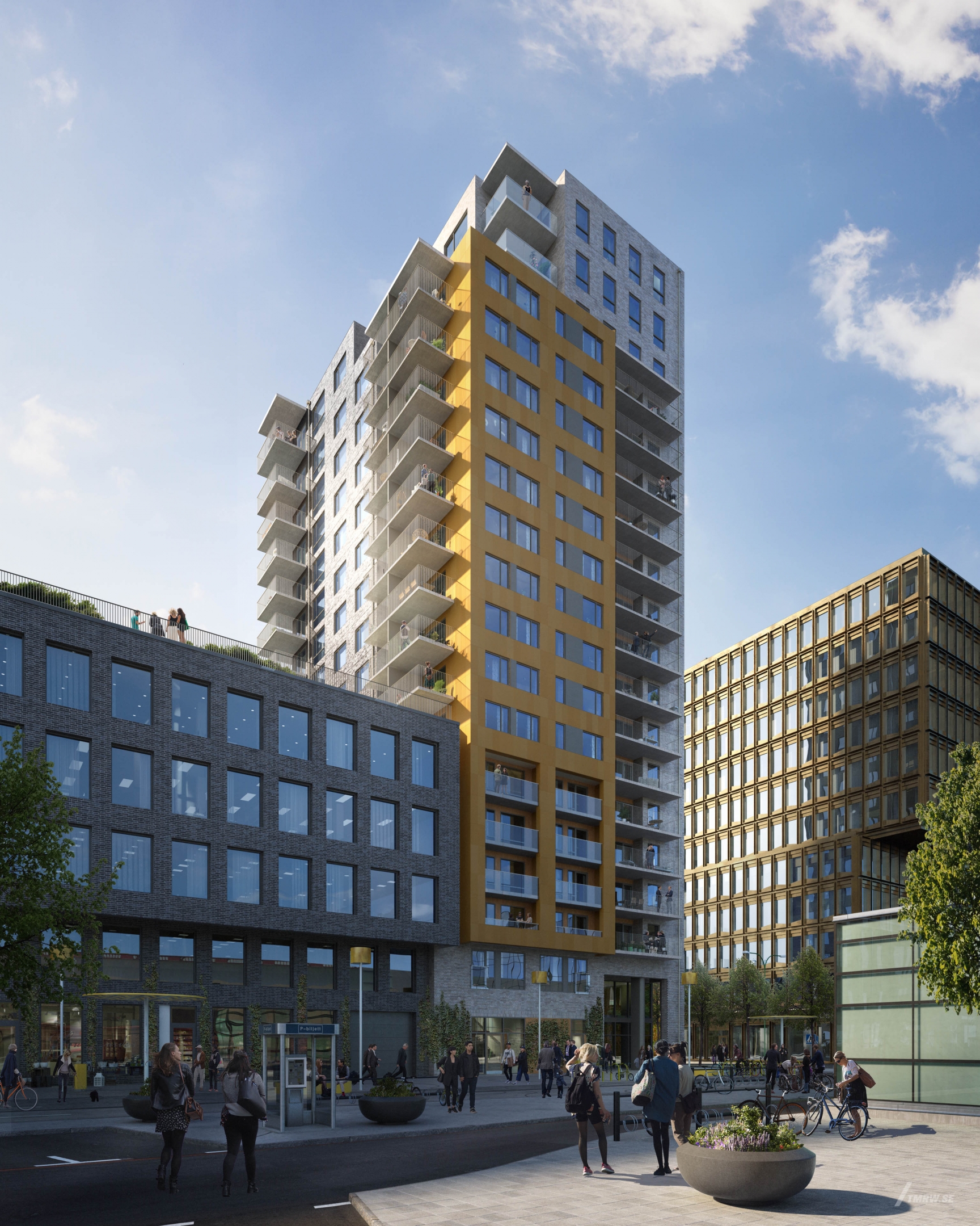 Architectural visualization of Malmö Living for Nordr a apartment building with yellow facade from an exterior view in day light.