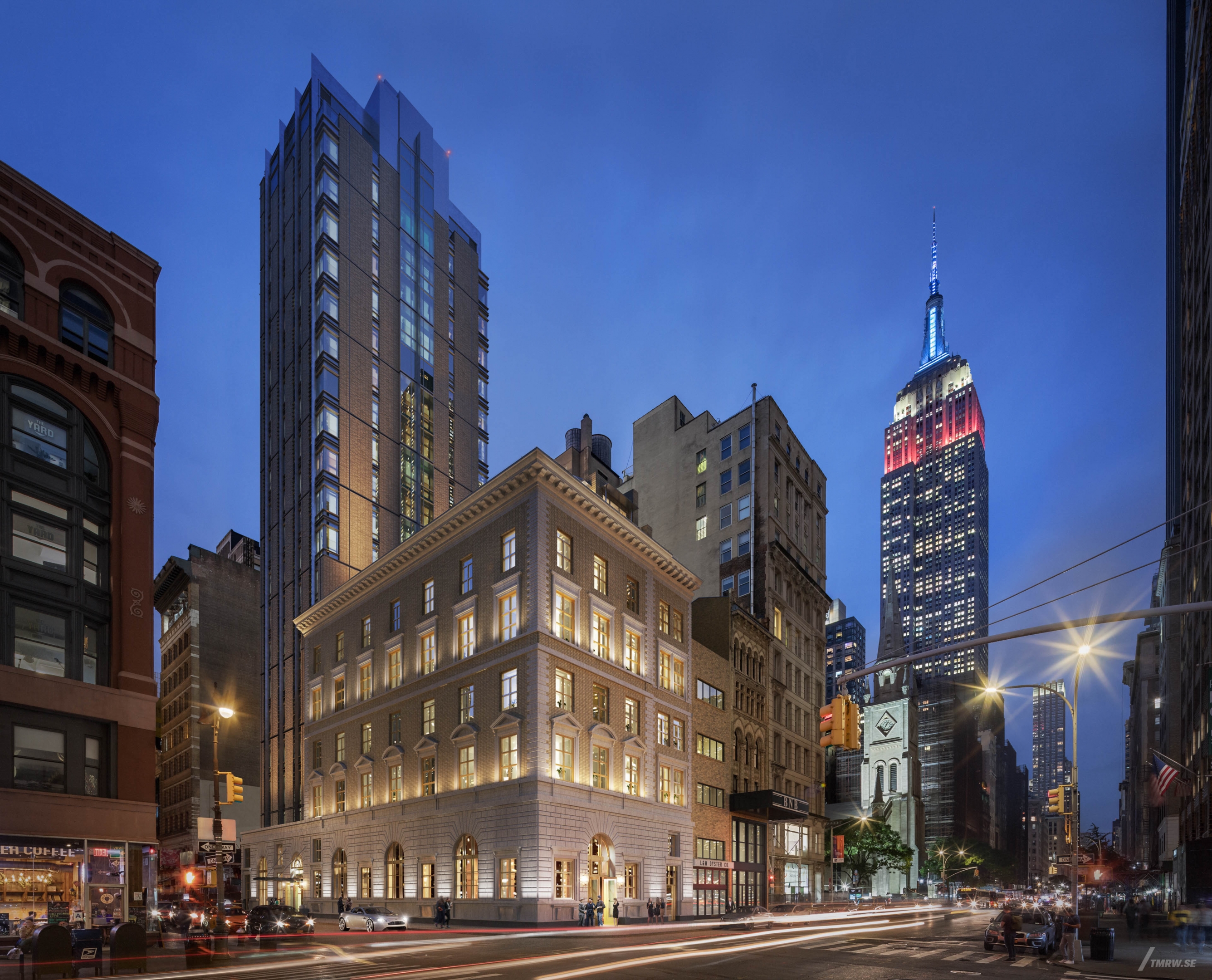 Architectural visualization of Flaneur Hospitality for Perkins Eastman, exterior of the luxury hotel company in dusk