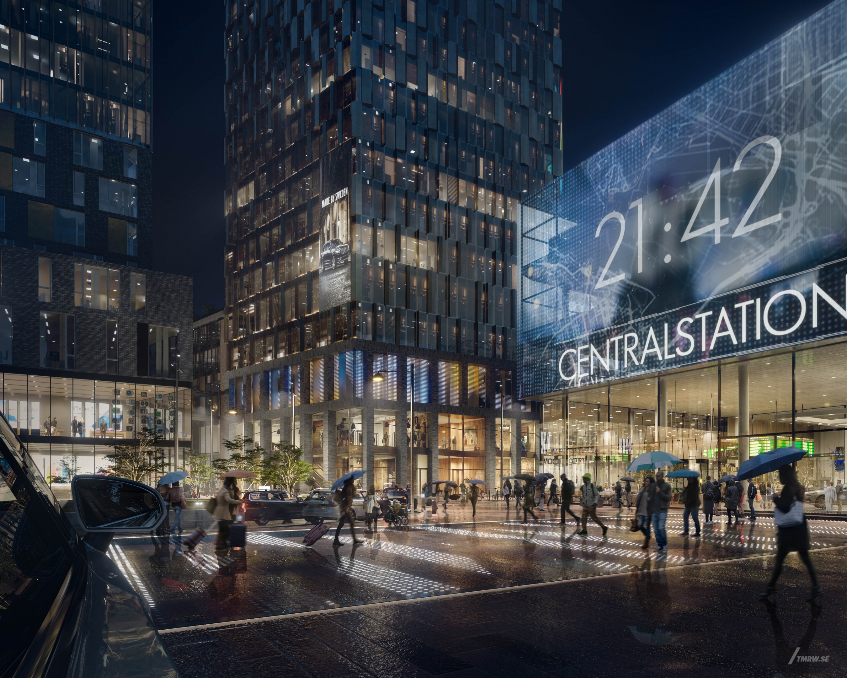 Architectural visualization of Region City for Jernhusen, exterior of centralstation a rainy night