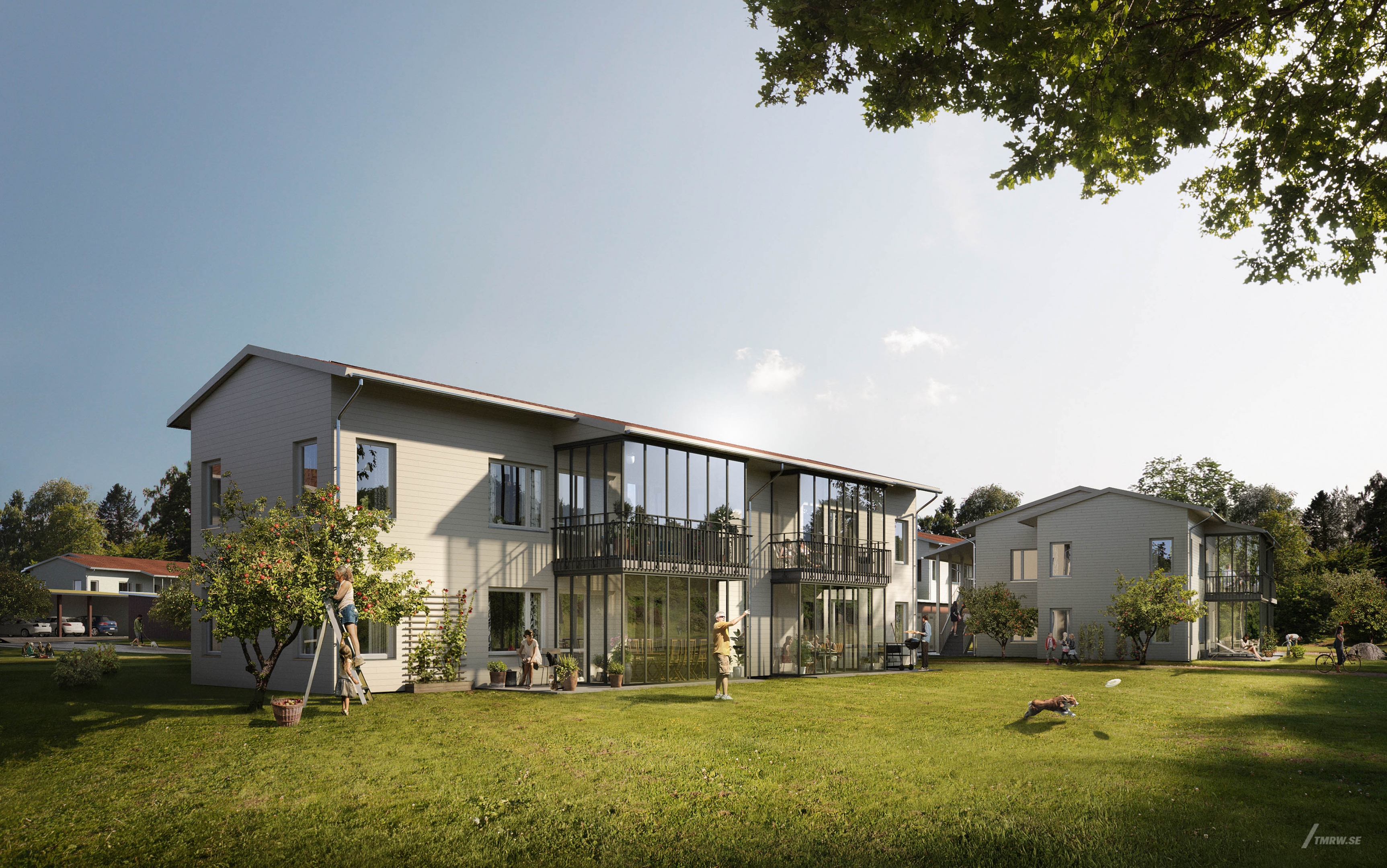 Architectural visualization of Korseberg Park for Riksbyggen, residential house with green garden, people are enjoying the summer weather