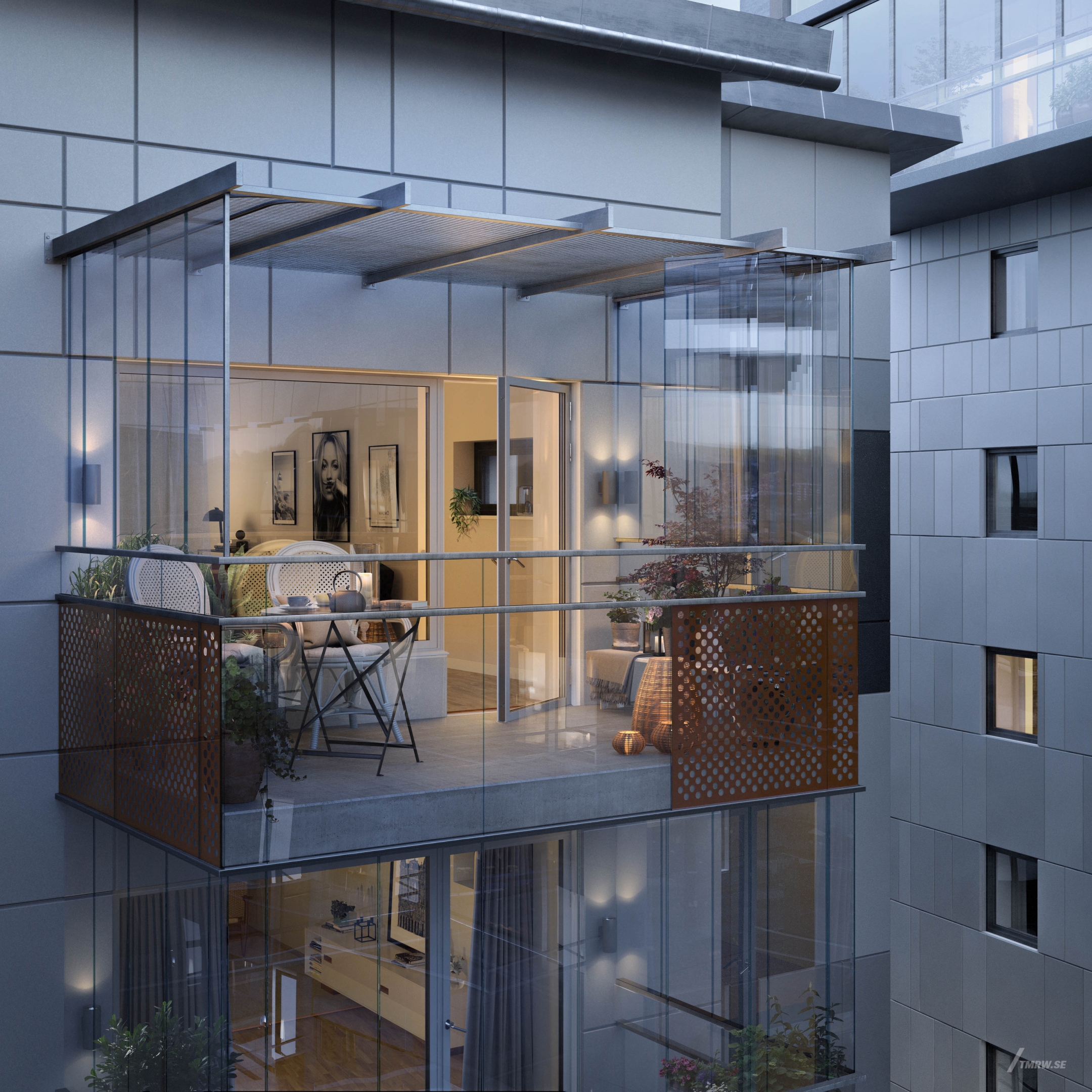 Architectural visualization of Kronhöjden for Riksbyggen, exterior of glass balcony on a modern residential house, dusk