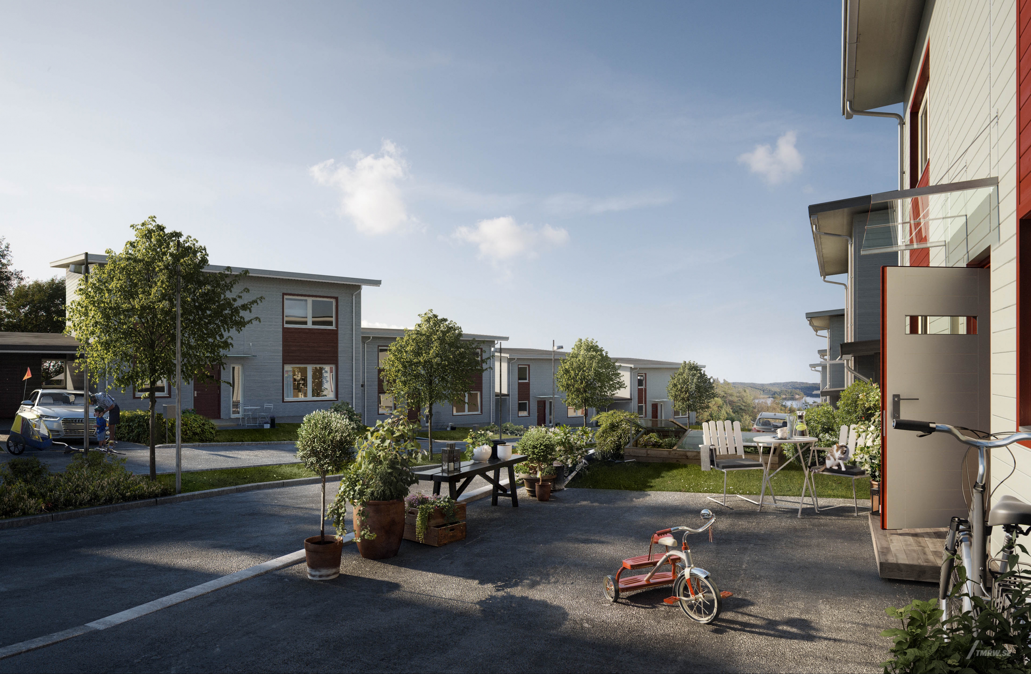 Architectural visualization of Stensjövillorna for Riksbyggen, residential area with modern villas