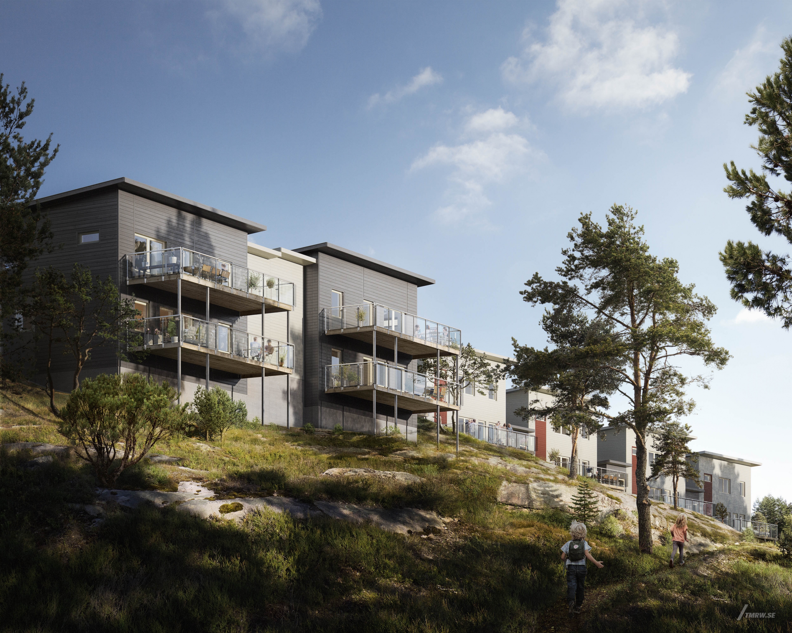 Architectural visualization of Stensjövillorna for Riksbyggen, modern villas in beautiful nature