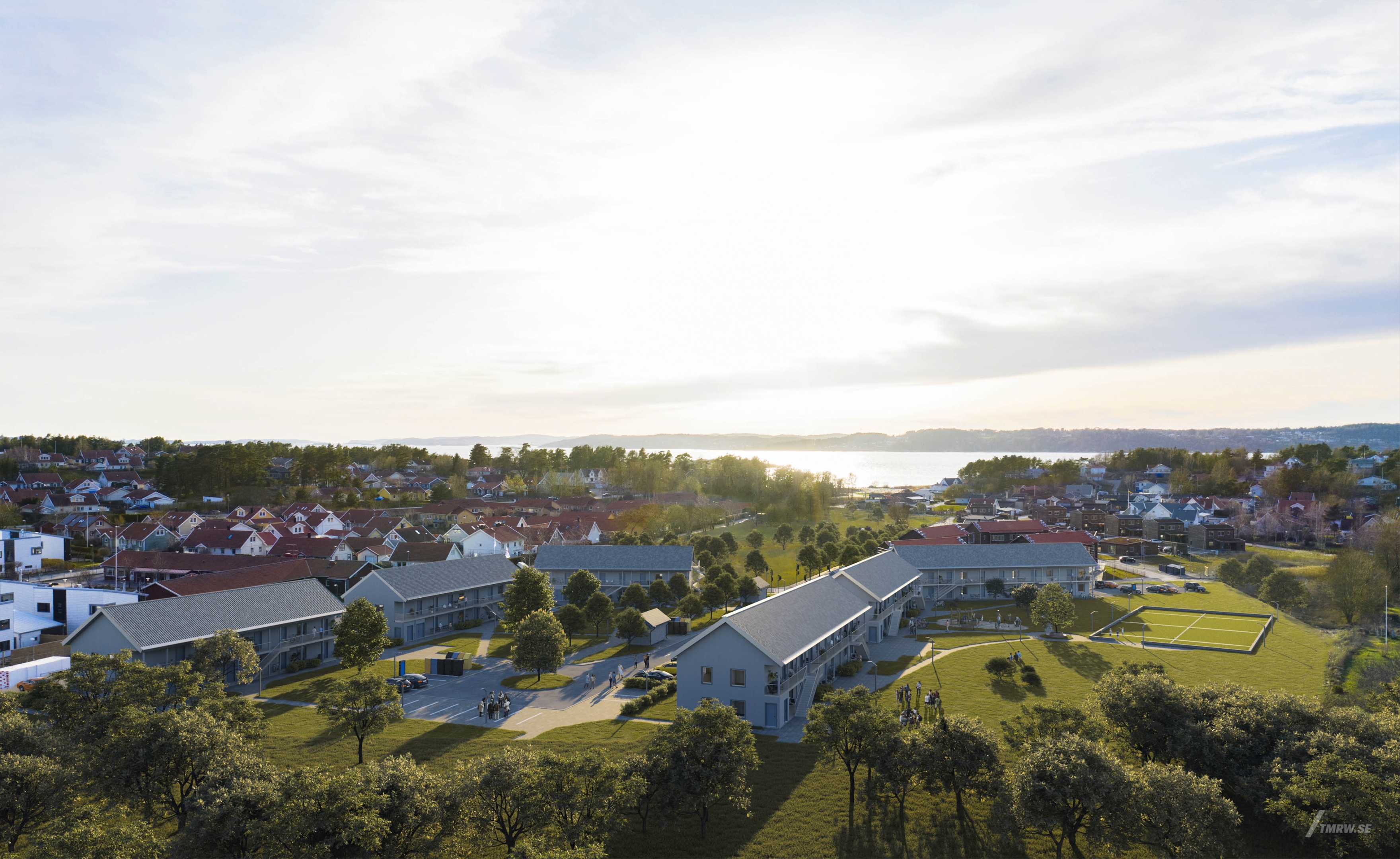 Architectural visualization of Stora Höga for Riksbyggen, aerial of residential area, beautiful light