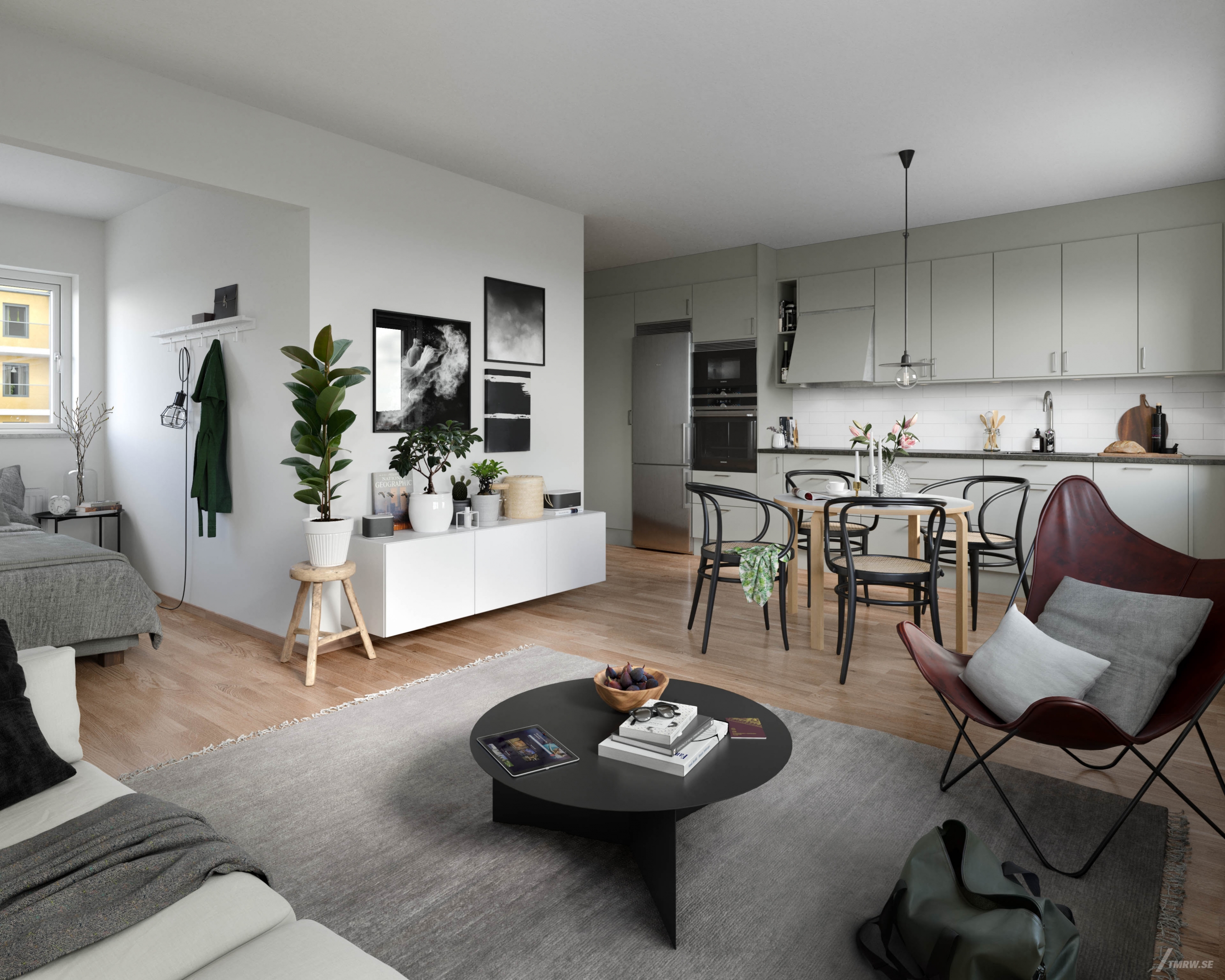 Architectural visualization of Tigeröga for Riksbyggen, interior of a one-room flat in daylight