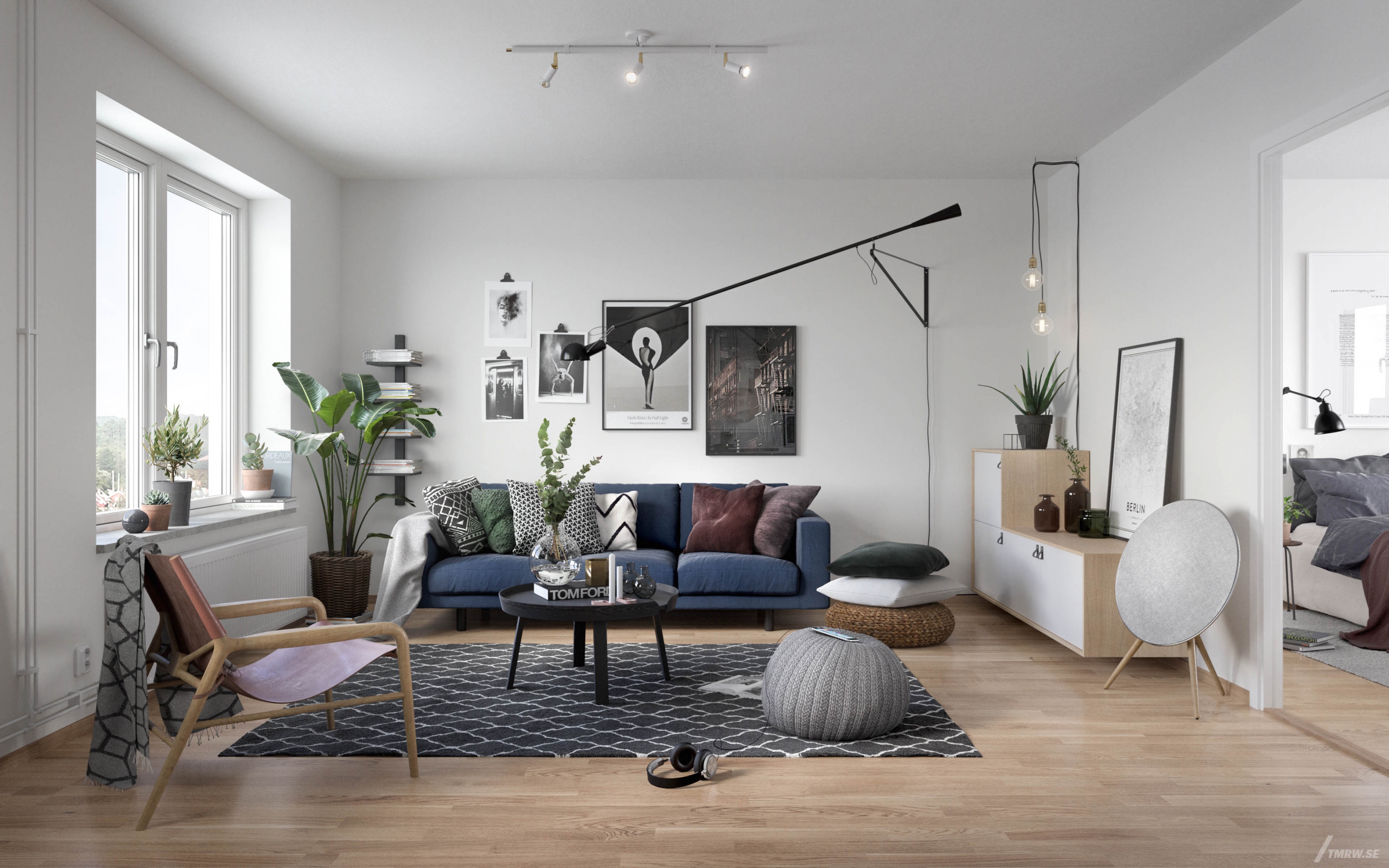 Architectural visualization of Tigerögafor for Riksbyggen, living room with modern furnitures
