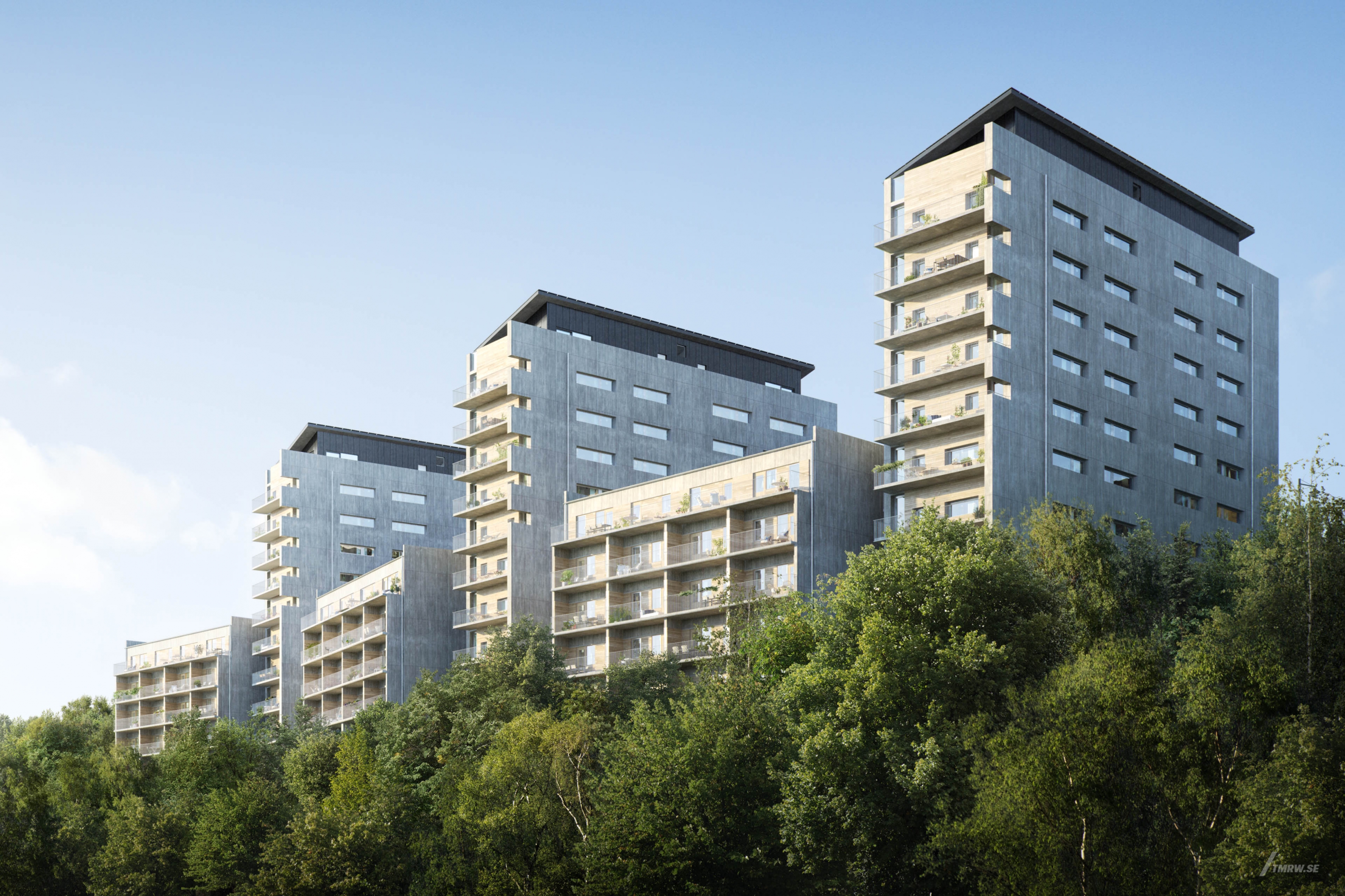 Architectural visualization of Viva for Riksbyggen, residential buildings in green environment