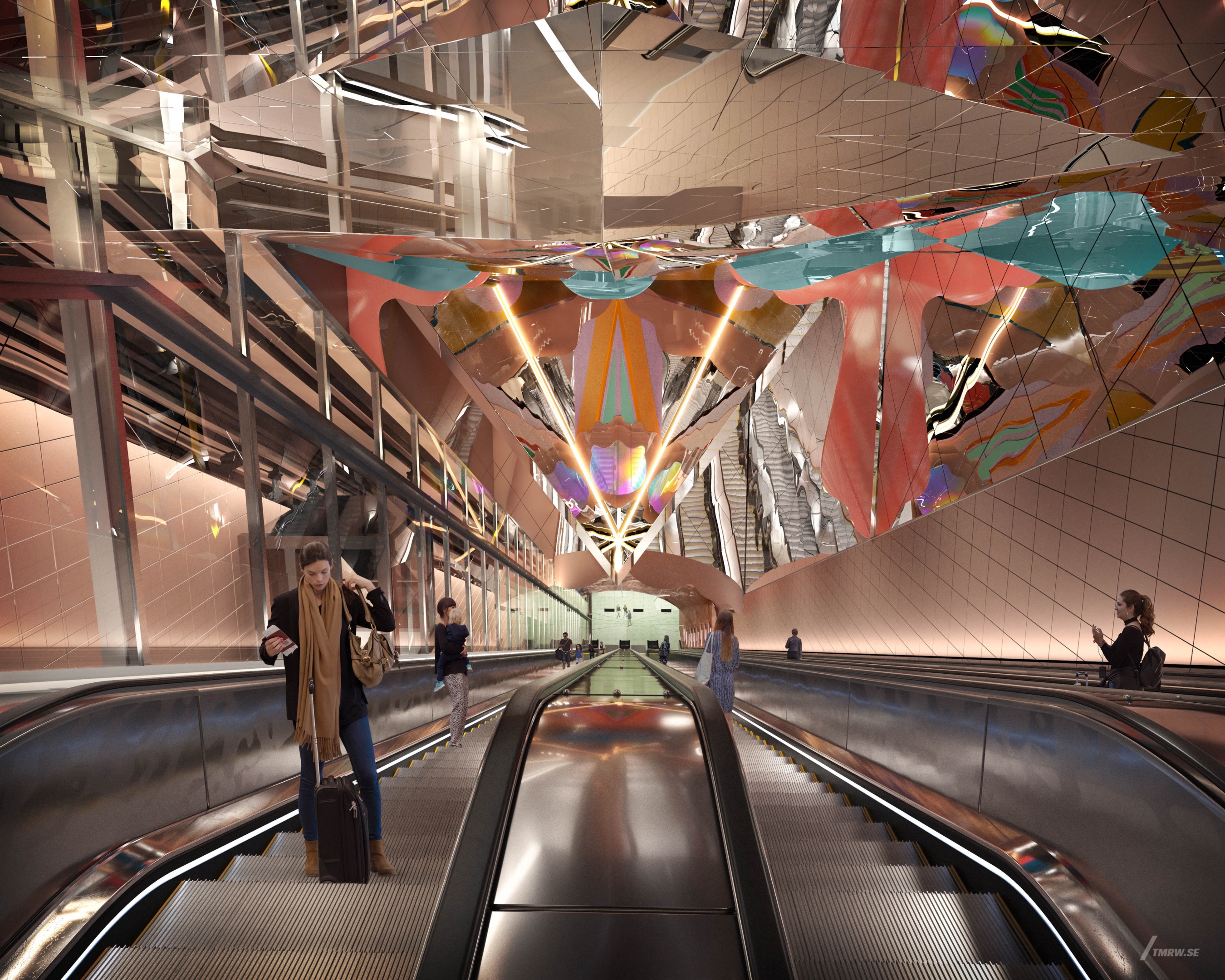 Architectural visualization of Hagastaden for Rundquist, interior of a subway station, escalator, location stockholm