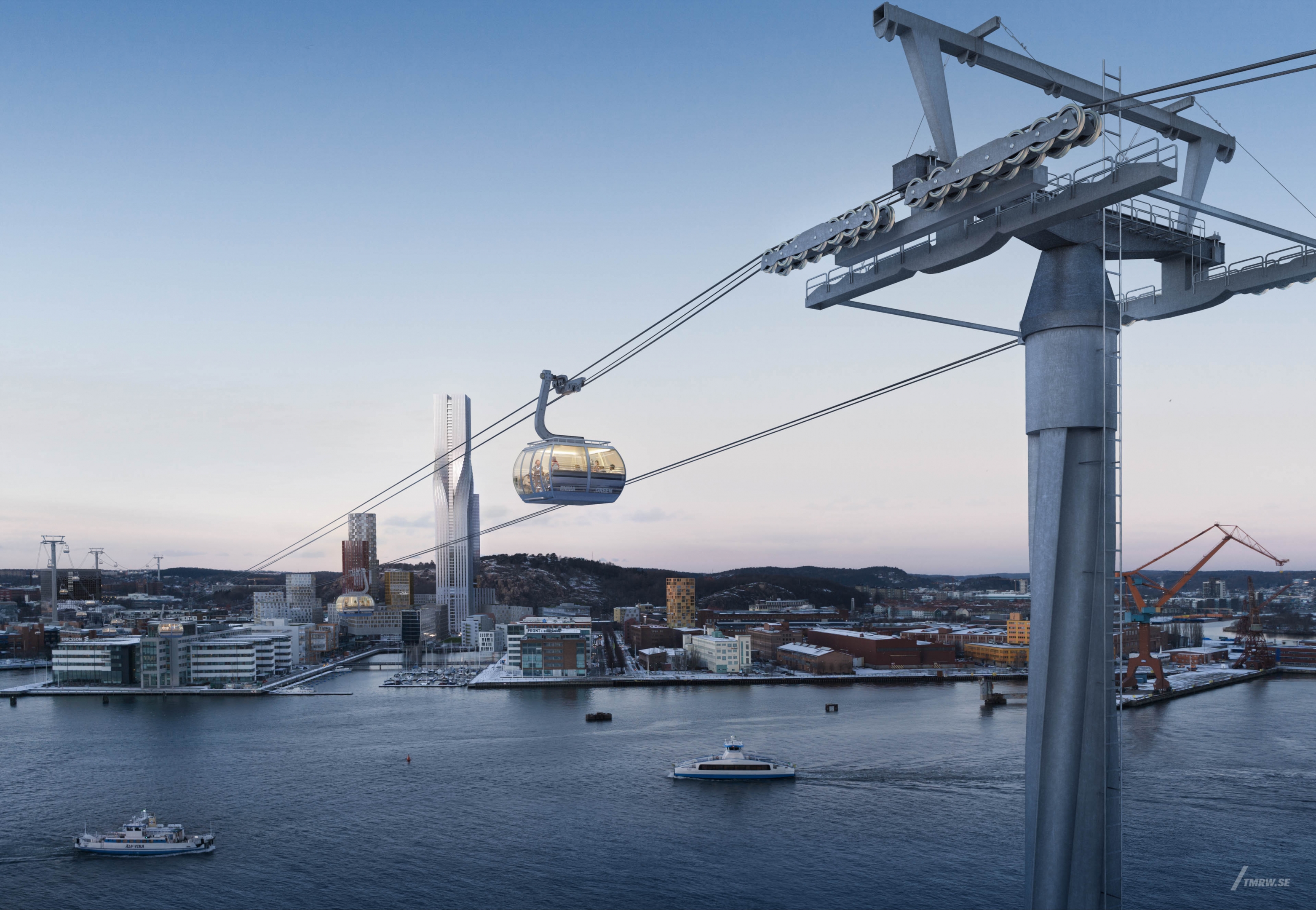 Architectural visualization of Linbanan for SBK a cableway oncept in Gothenburg in day light form a semi aerial view.