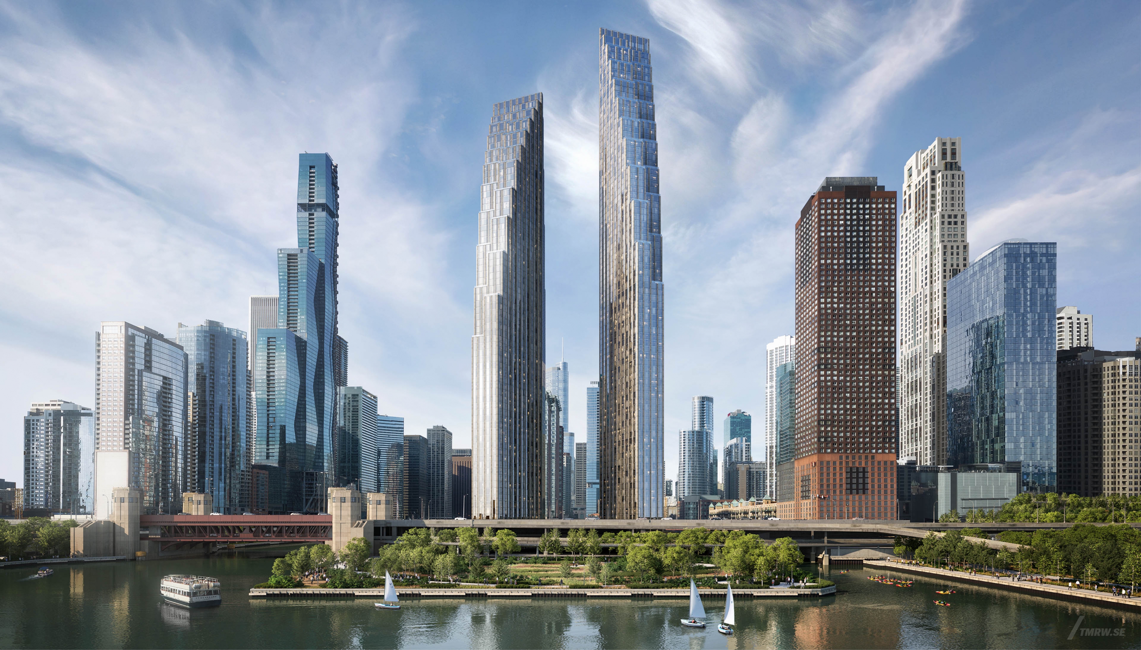 Architectural visualization of 400 Lake Shore Drive for SOM, exterior of a skyscraper in daylight, city view