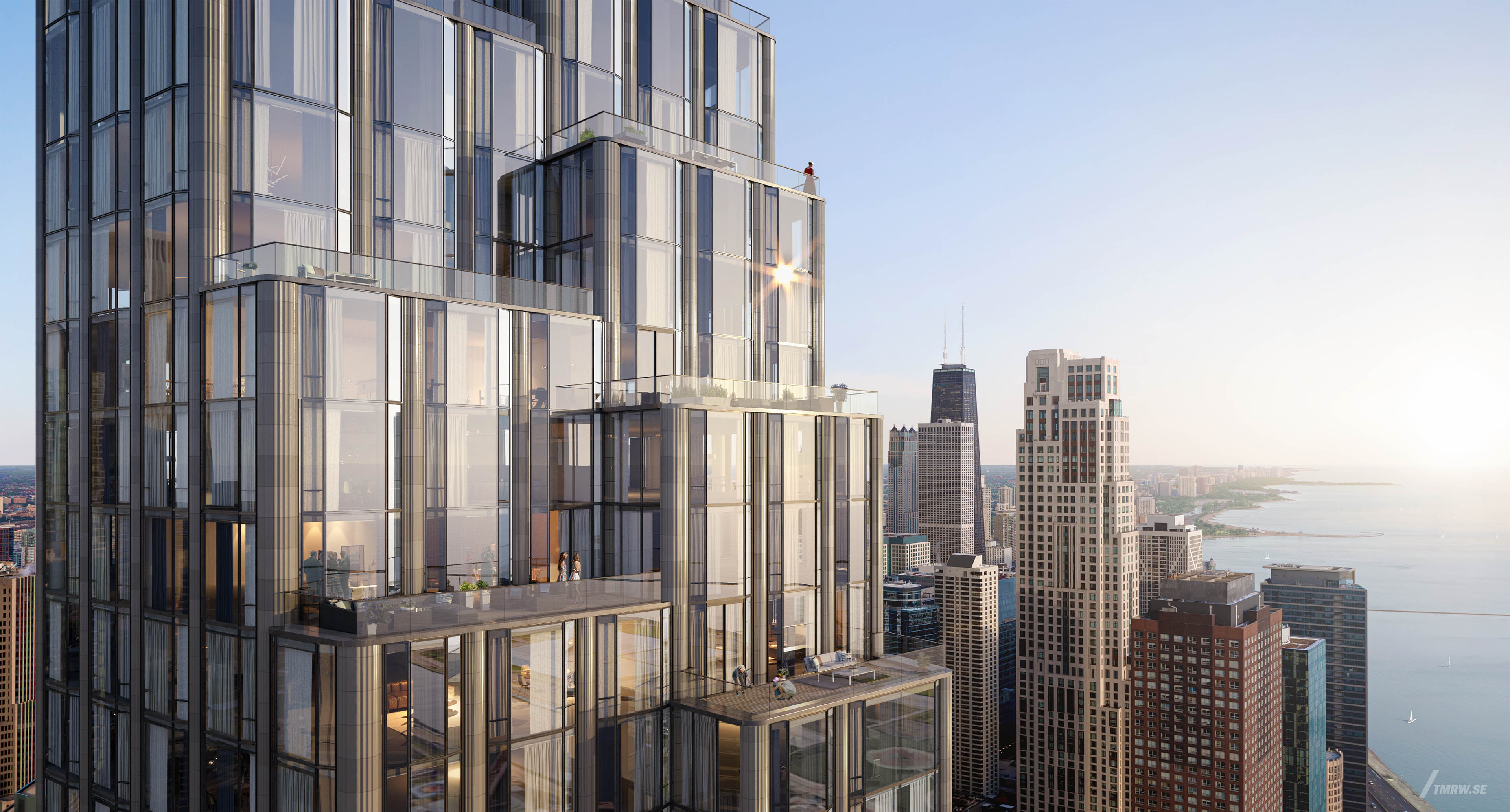 Architectural visualization of 400 Lake Shore Drive for SOM, exterior of a skyscraper in day light, roof top view