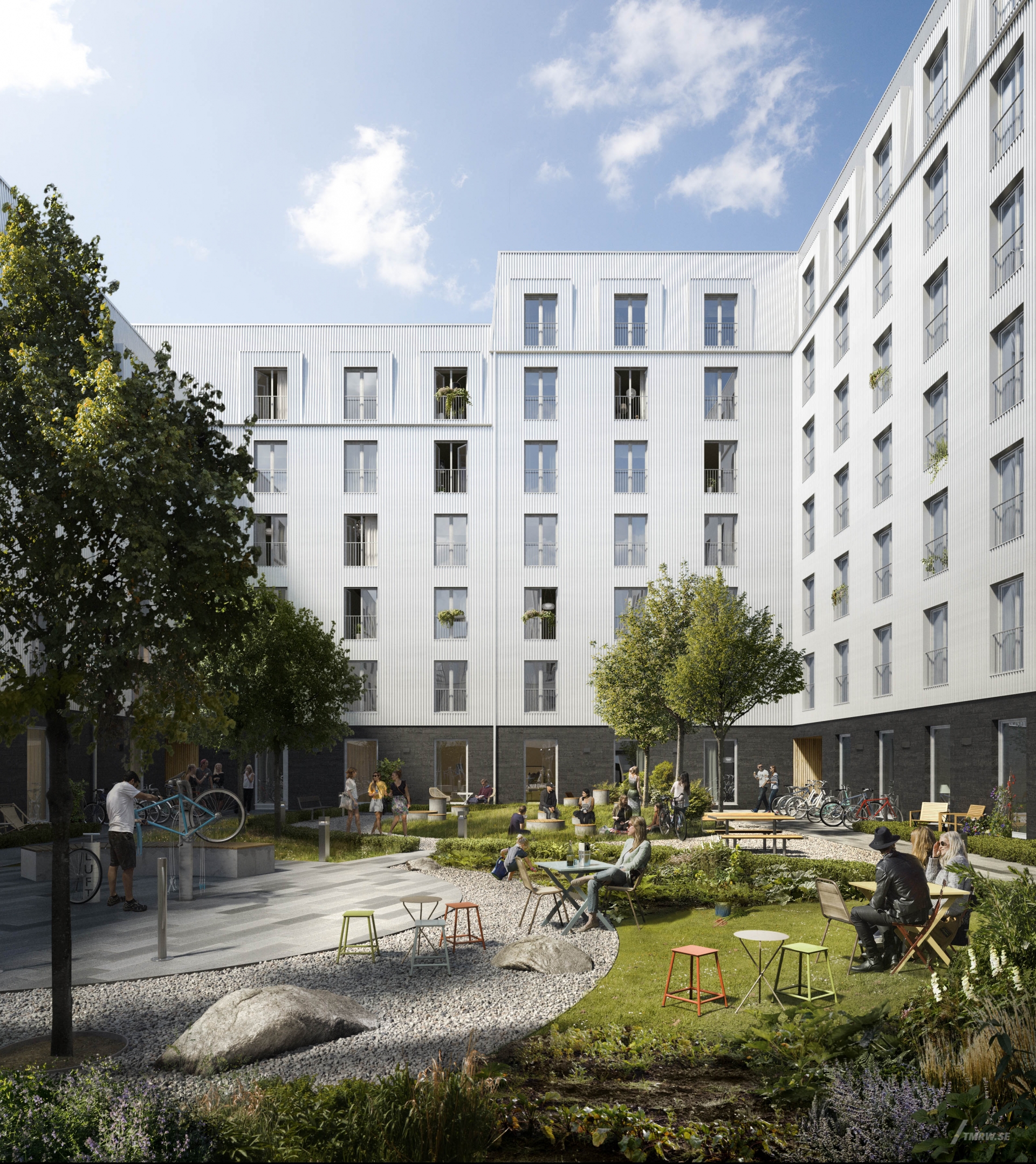 Architectural visualization of Aranas for Skanska, White, residential area with people socializing outside
