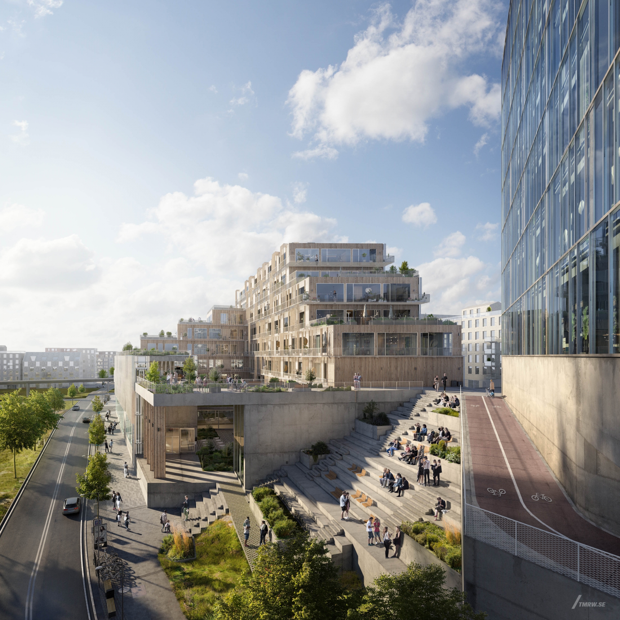 Architectural visualization of Östra Hagastaden for Studio Sthlm, city area with civic, office and residential buildings