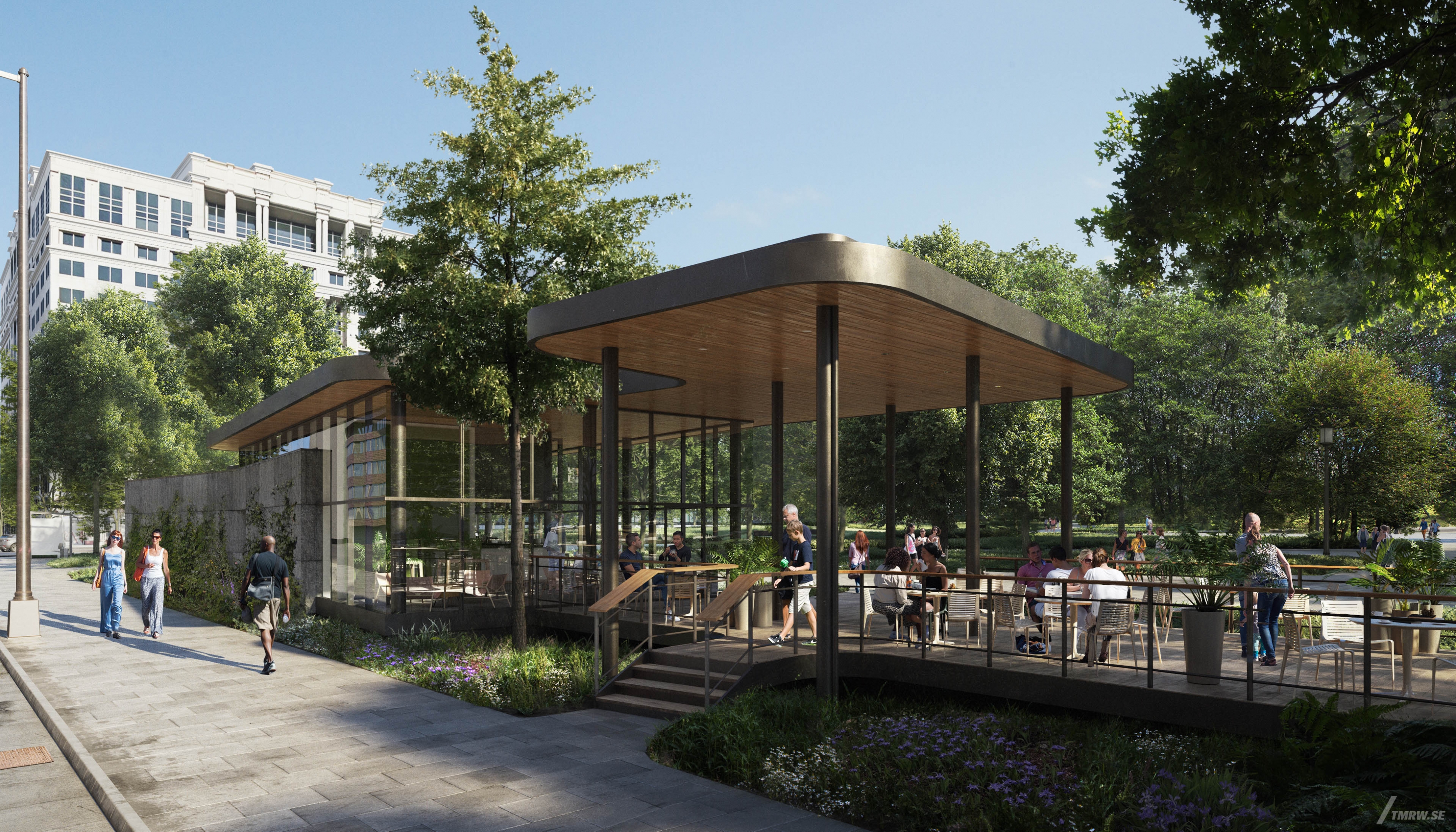 Architectural visualization of Franklin Park for Studios, exterior of a park in day light, street and a café