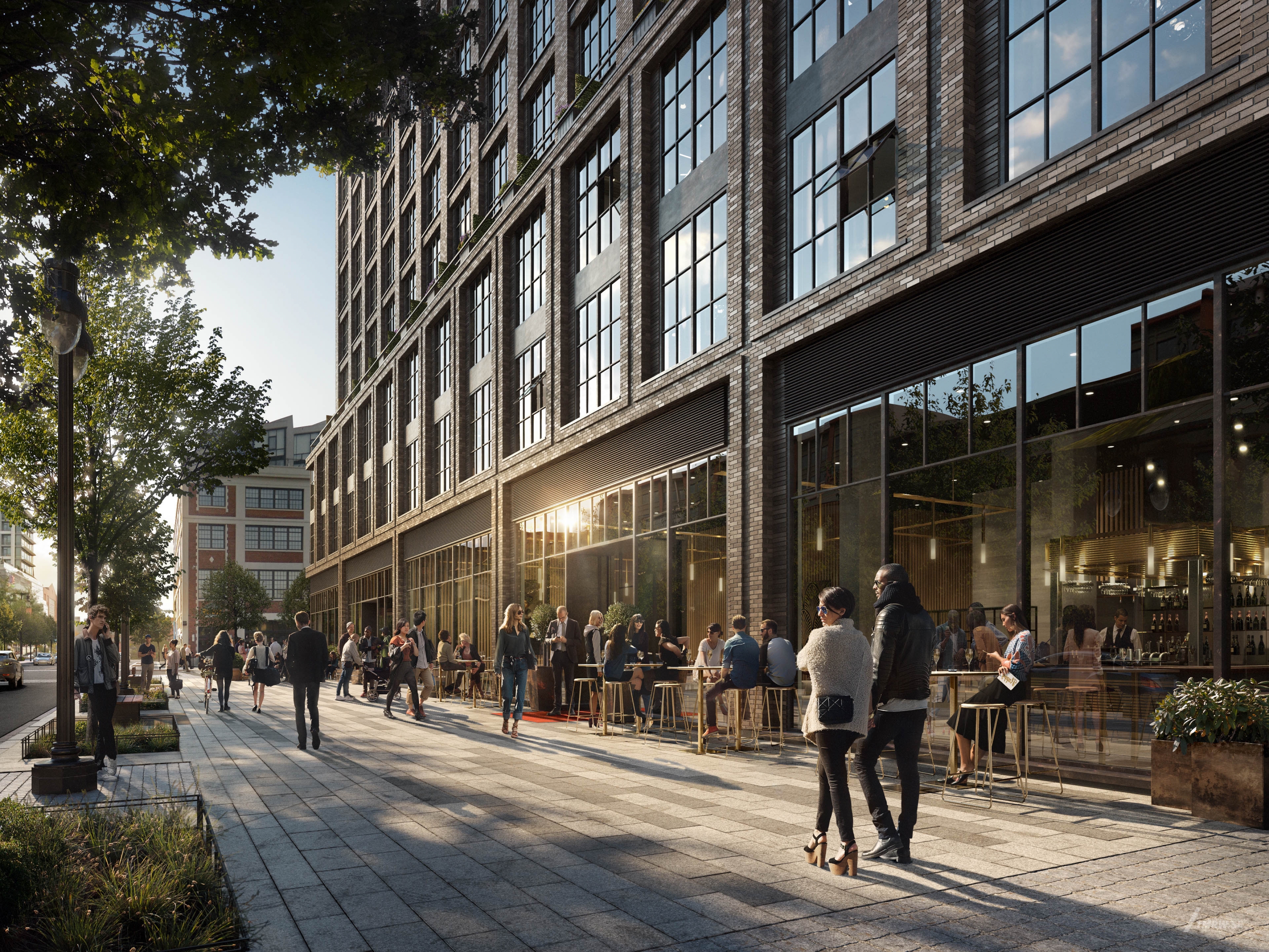 Architectural visualization of Parcel for Studios, exterior of busy city street in golden hour light
