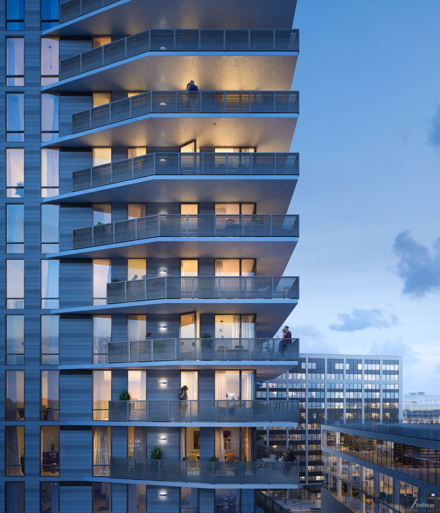 Architectural visualization of Aubrey at The Highlands for Studios, exterior of a residential tower in dusk, people on the balconies