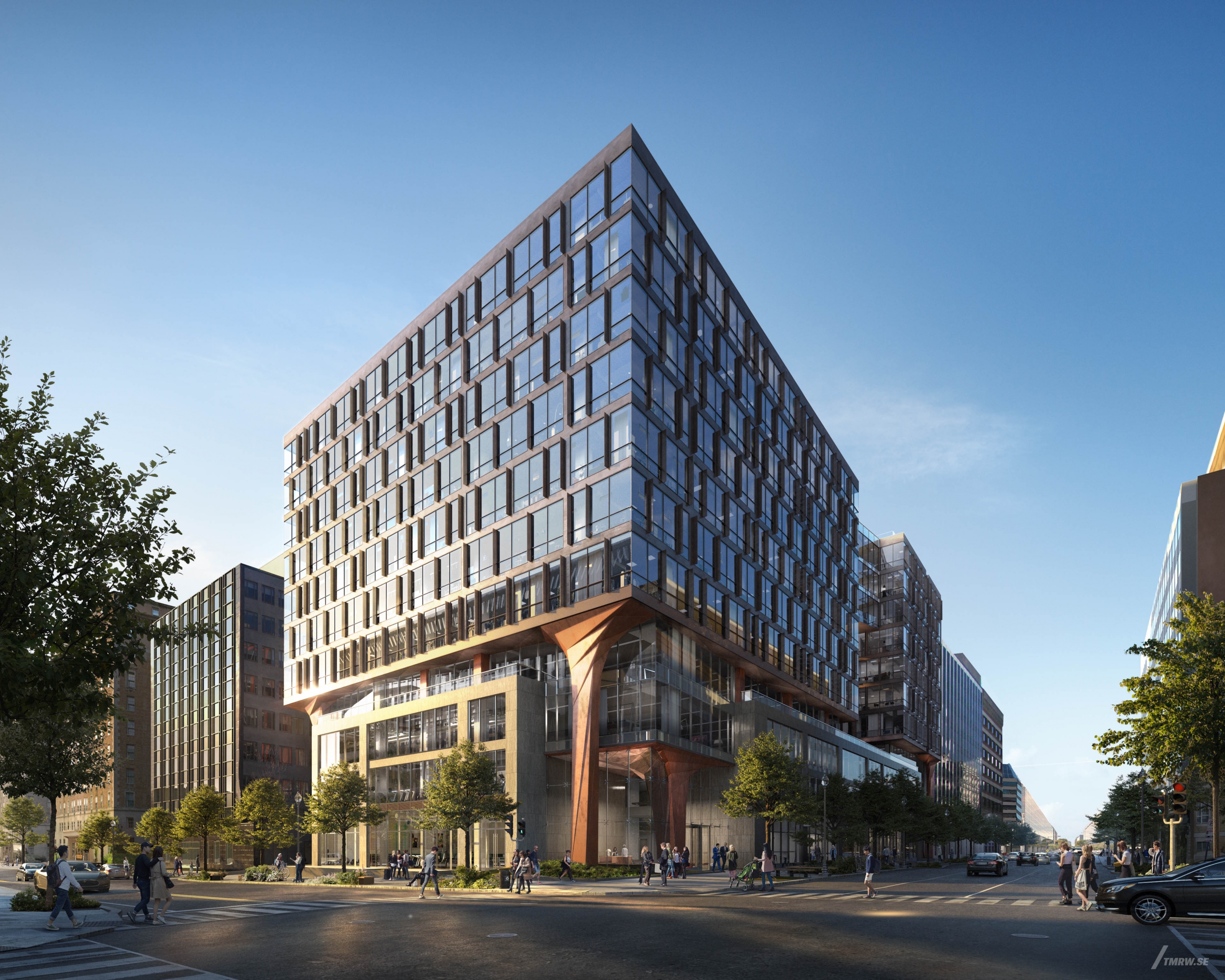 Architectural visualization of 1700M Street for Studios, exterior of an office building in daylight from a street view