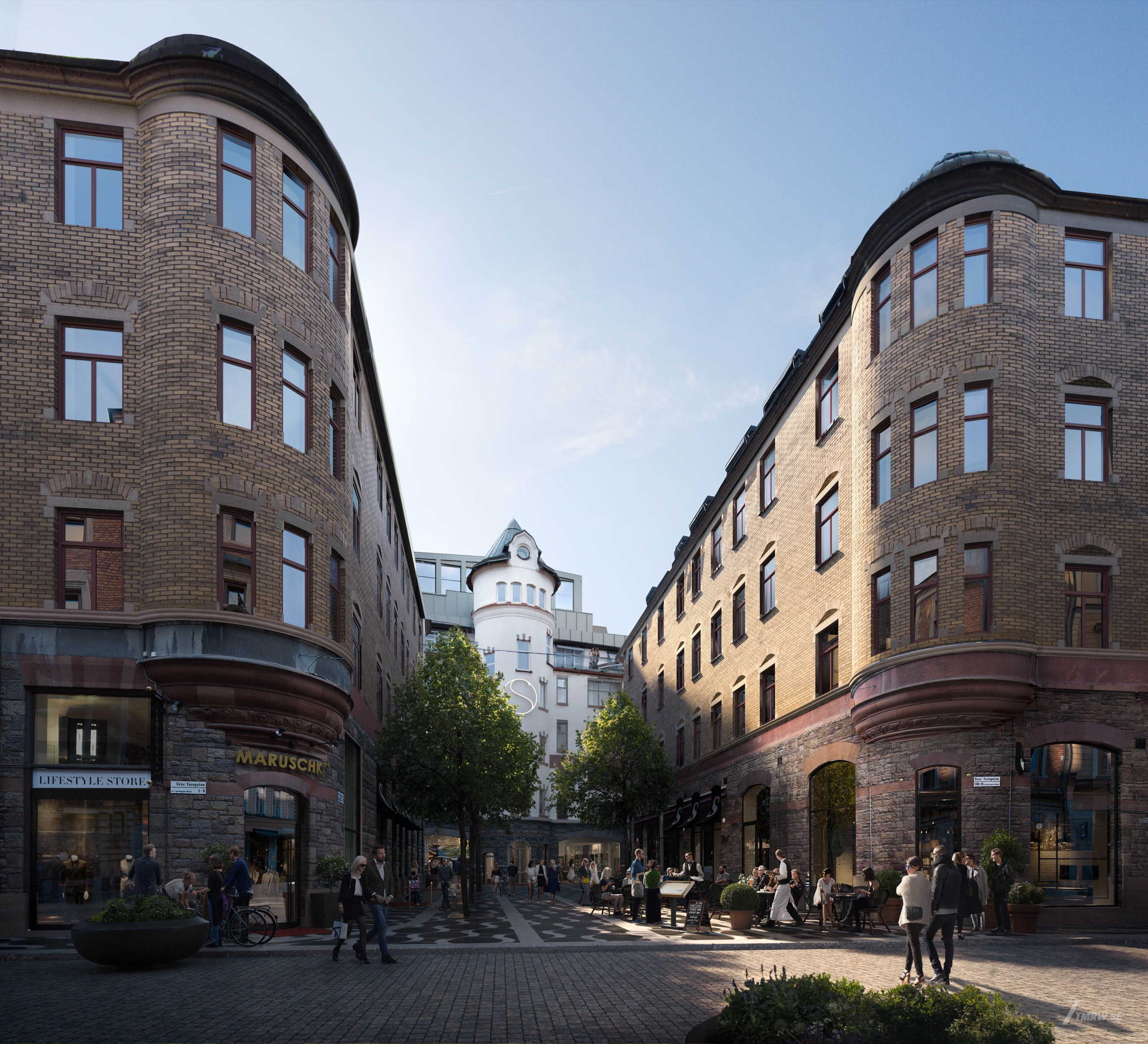 Architectural visualization of Sturekvarteret for TAM Group a city area in day light form a street view.