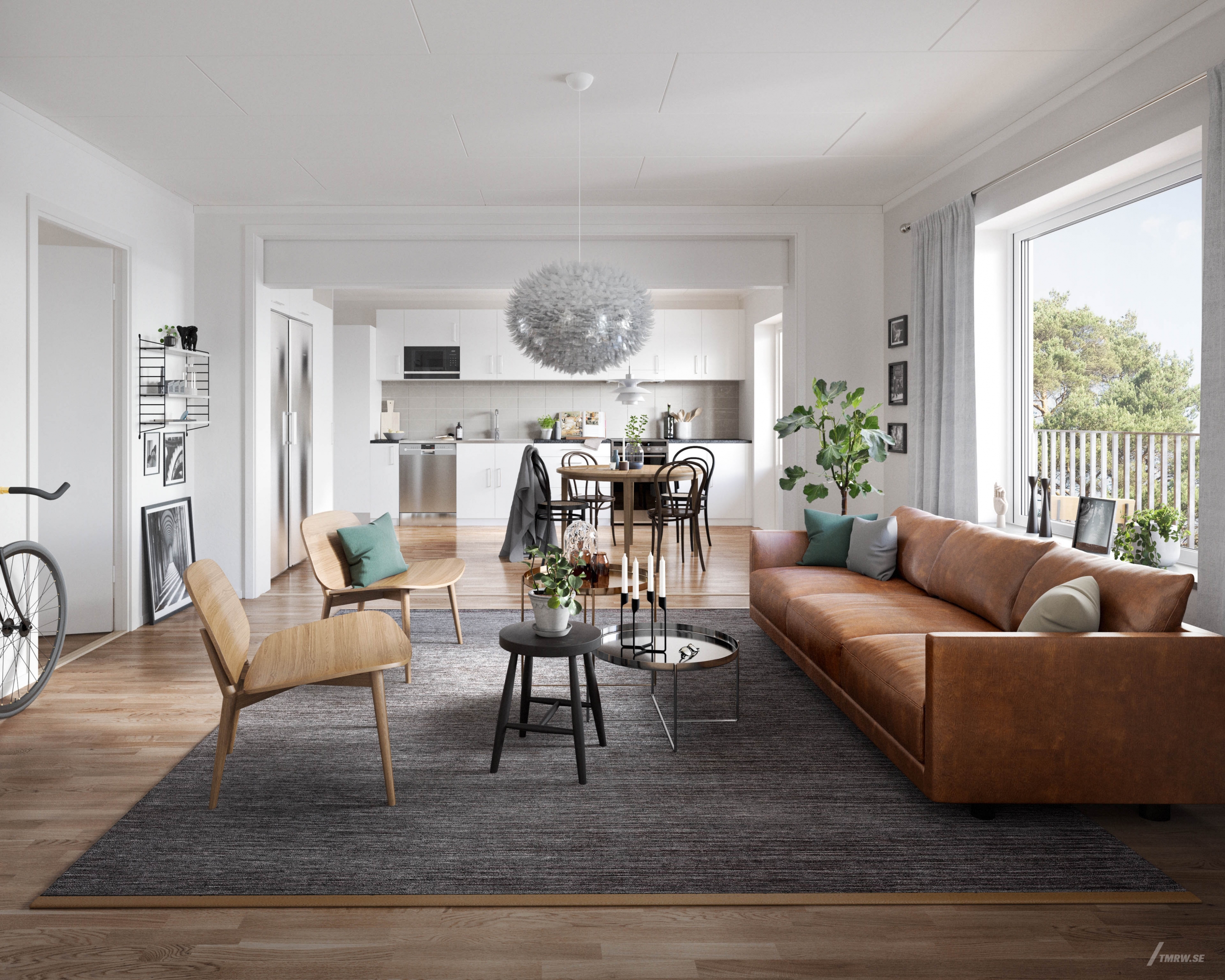 Architectural visualization of Lodge for TB Gruppen a apartment livingroom in day light form an interior view.
