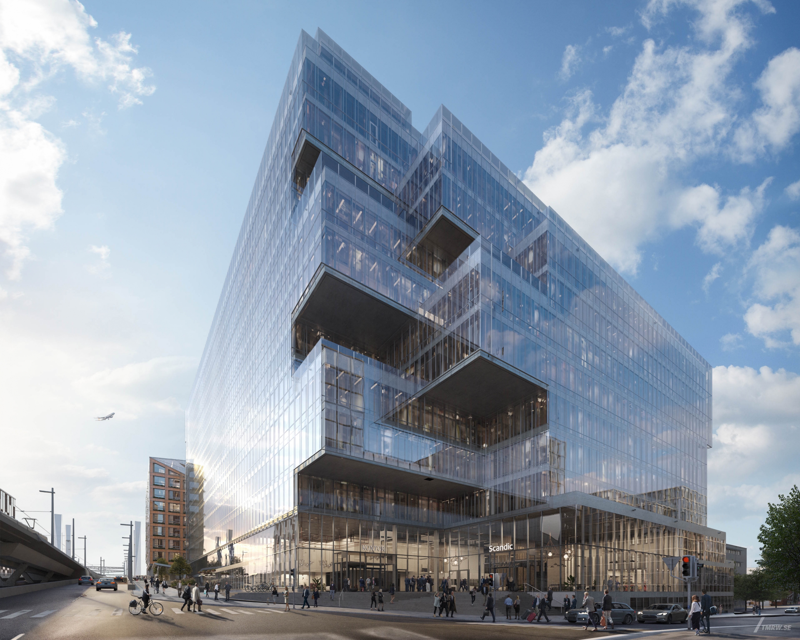 Architectural visualization of Platinan for Vasakronan, exterior of an office building in day light from a street view, location gothenburg