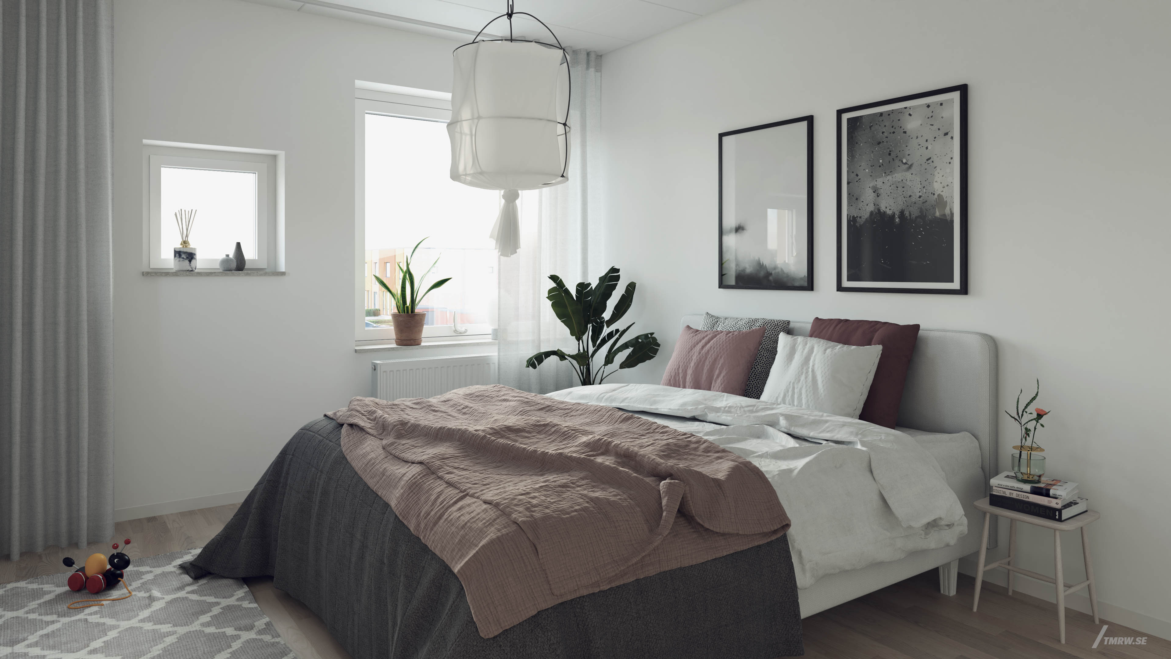 Architectural visualization of Hököpinge for Nordr, bedroom in day light from a interior view