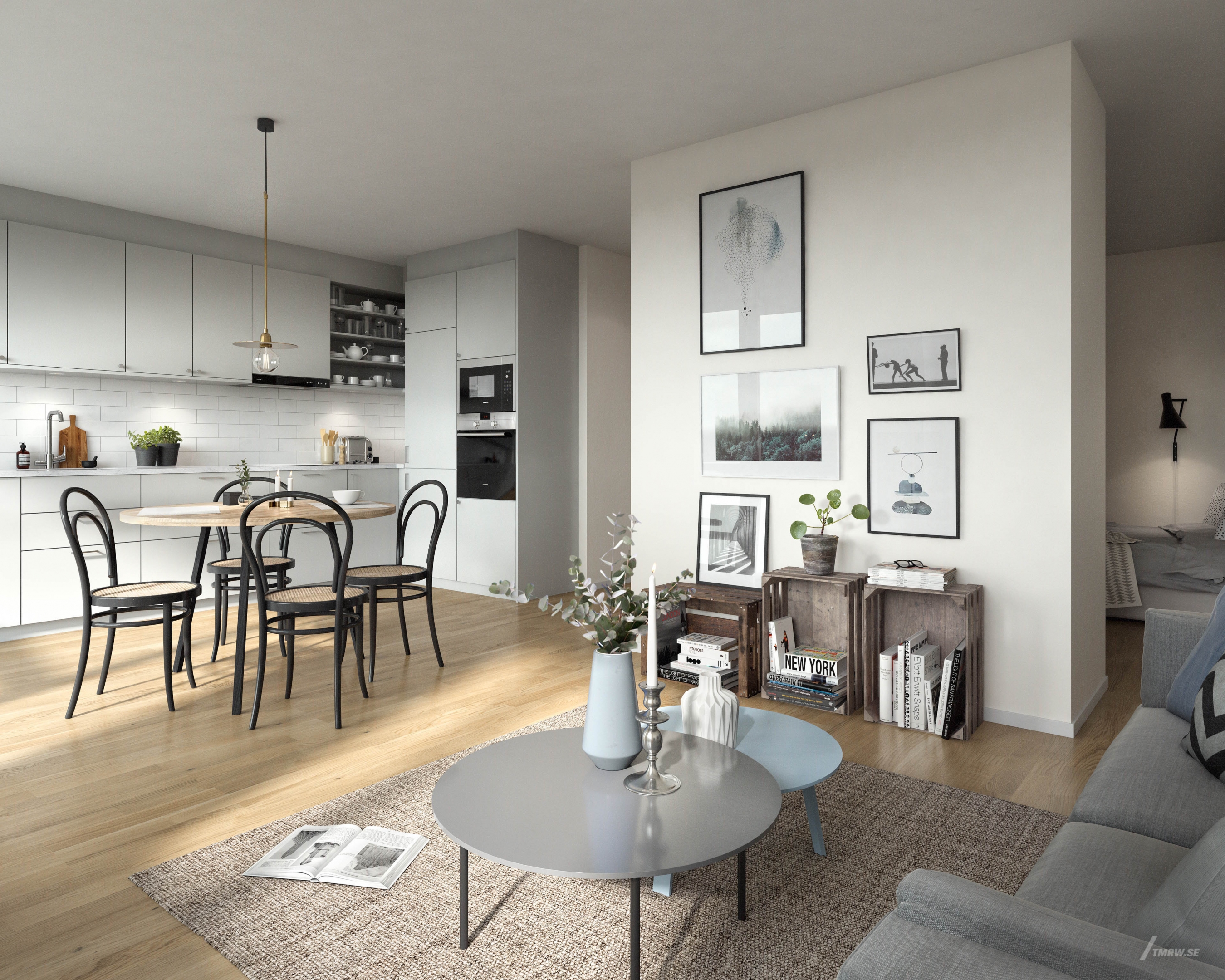 Architectural visualization of Malmö Living for Nordr, kitchen and living room in small apartment