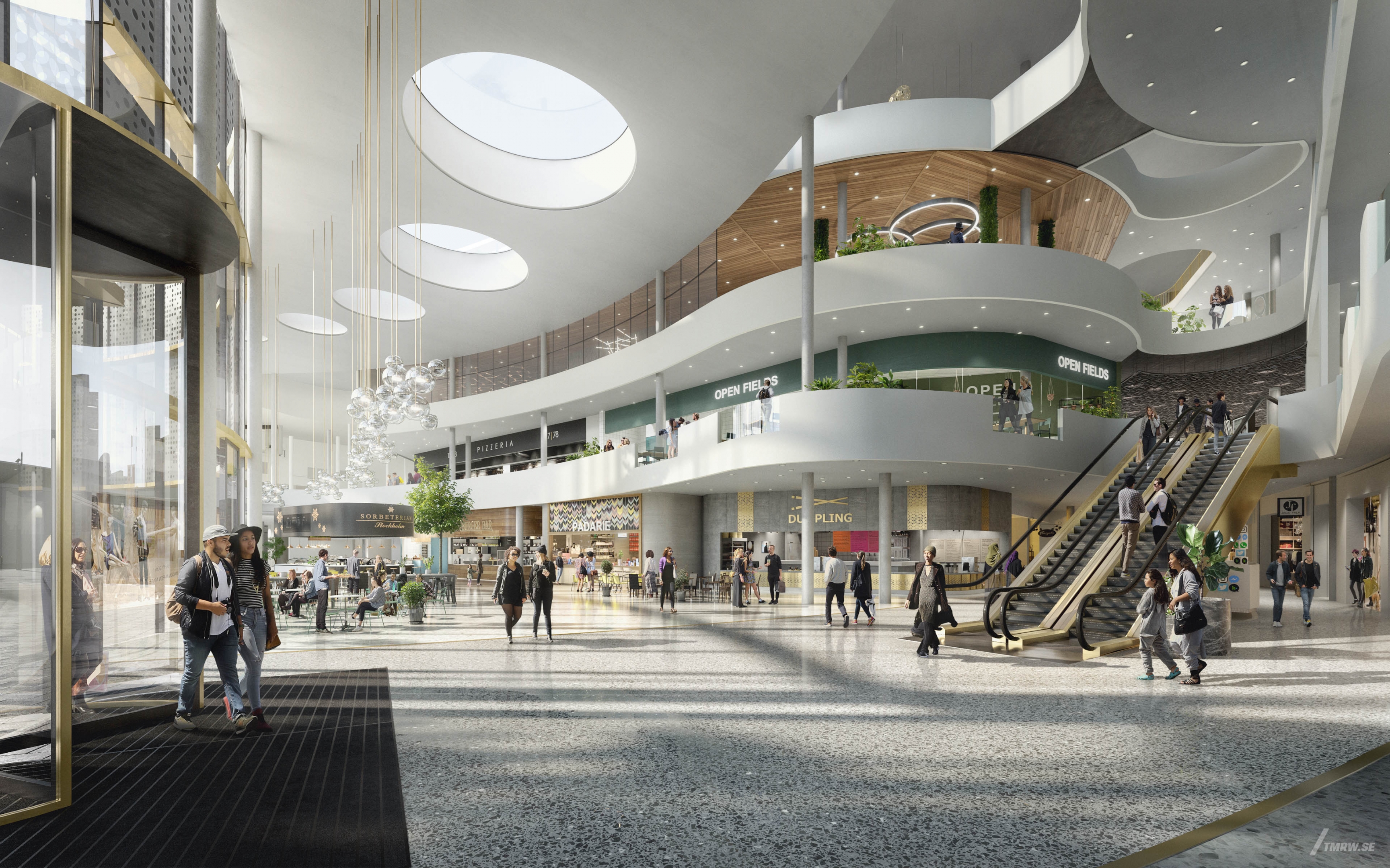 Architectural visualization of Bromma Blocks for Wester + Elsner, entrance of a shopping mall in daylight