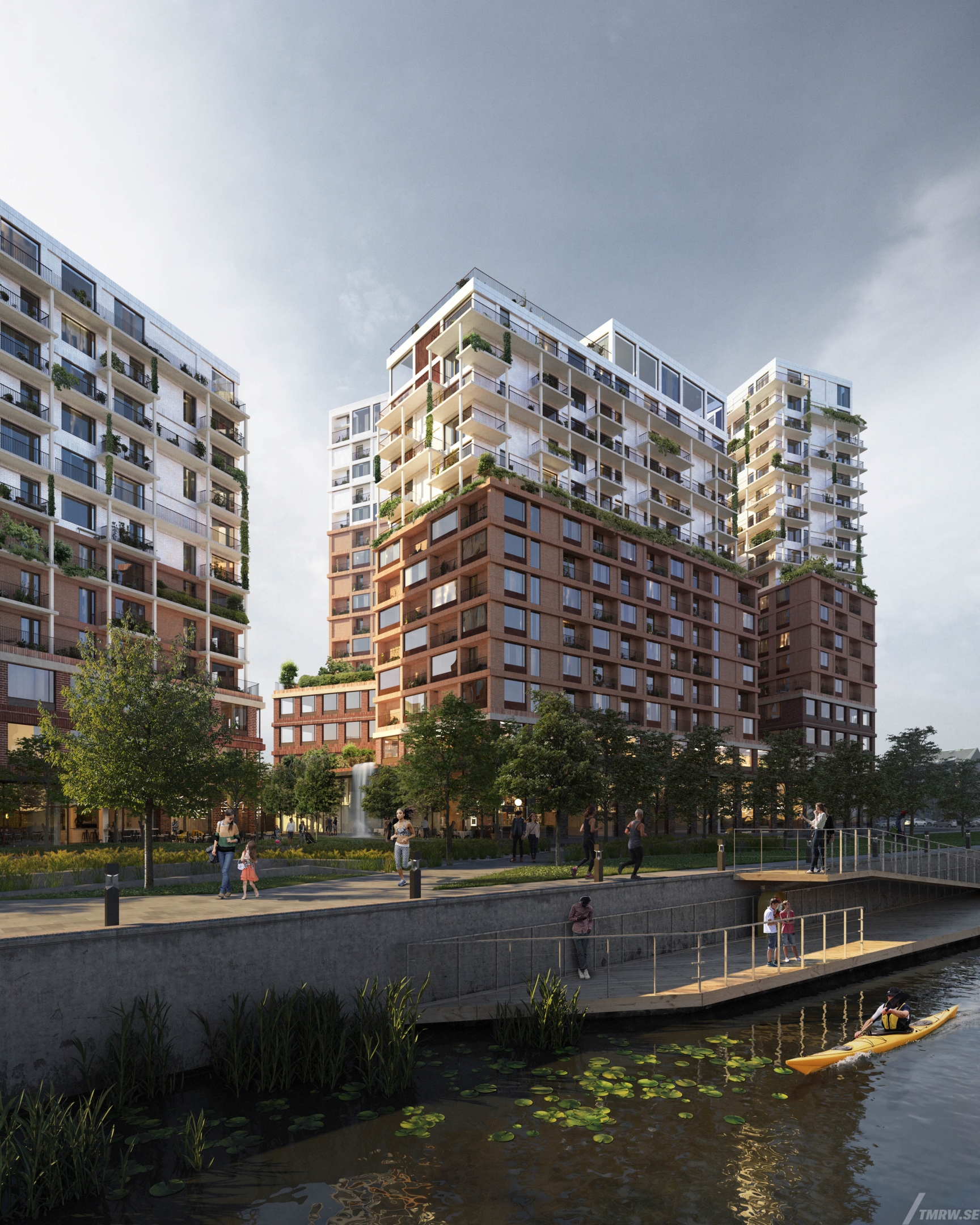 Architectural visualization of Montreal for White, residential buildings, kayak in channel