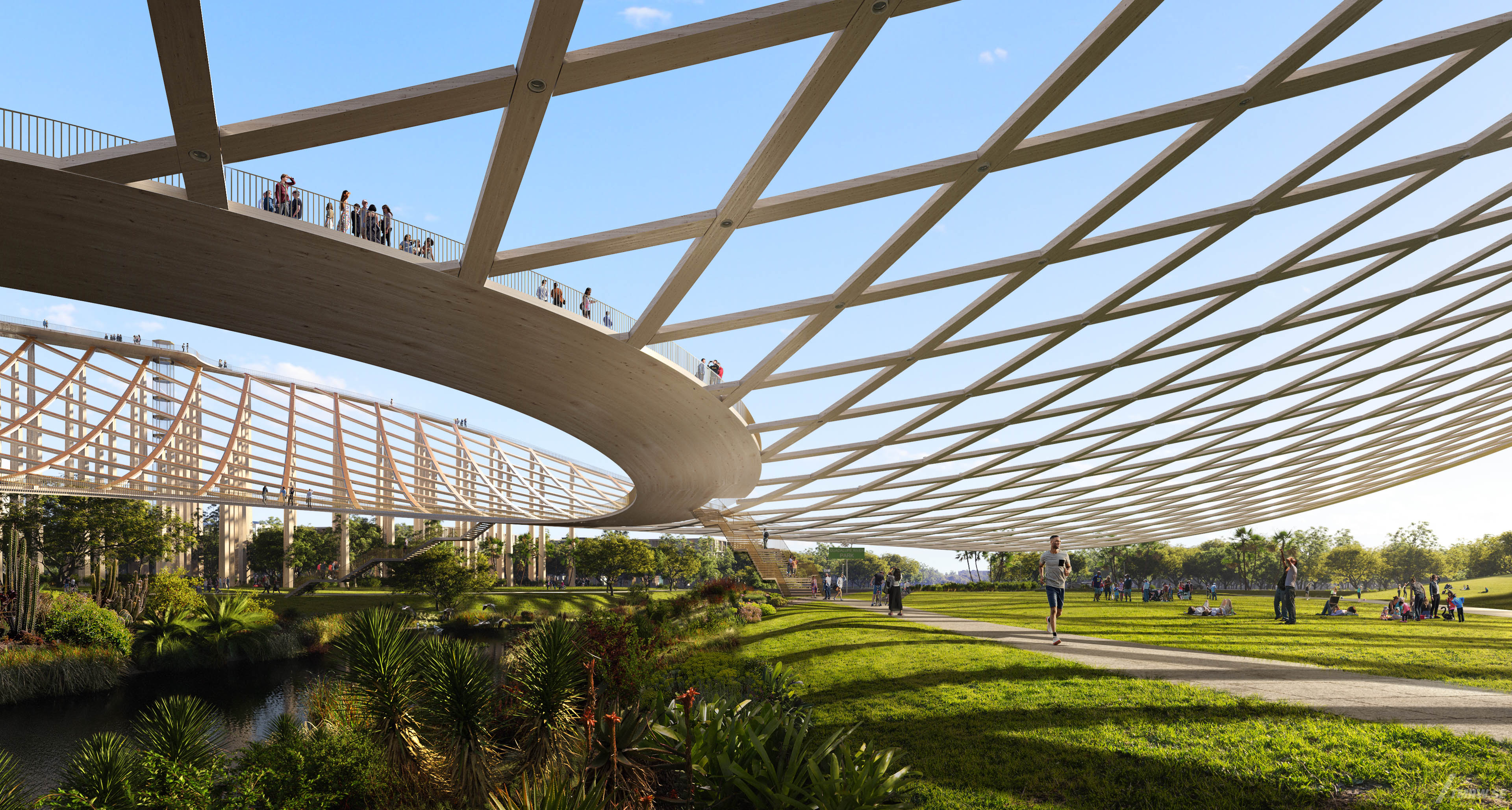 Architectural visualization of Sky Light Park for White, park with big wooden structure that people are walking on